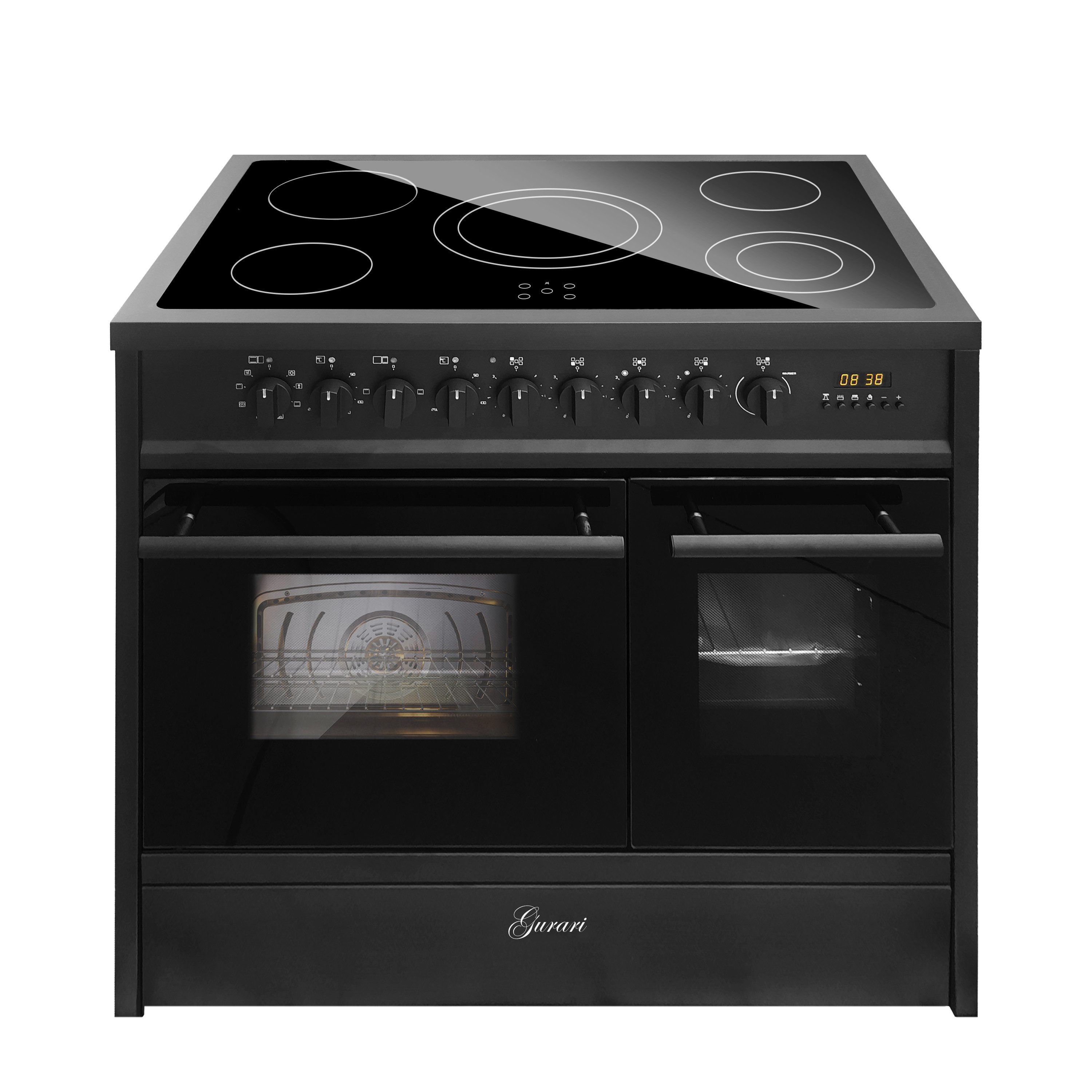 GURARI Elektro-Standherd Glaskeramik Herd 90 cm Schwarz Range Cooker GCH E 912 DF X Standherd mit zwei Backöfen und 5 Kochzonen, mit 1-fach-Teleskopauszug