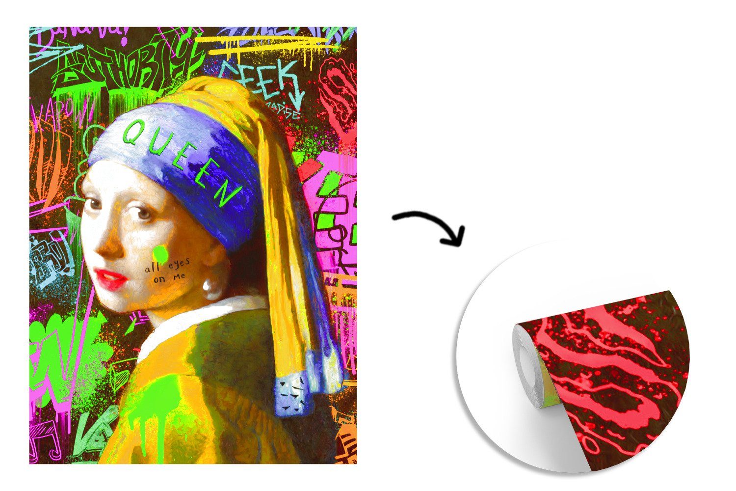 MuchoWow Fototapete Girl with a Wohnzimmer, St), Vinyl Tapete - Matt, - für Graffiti, Wandtapete bedruckt, Earring (4 Neon Pearl Montagefertig