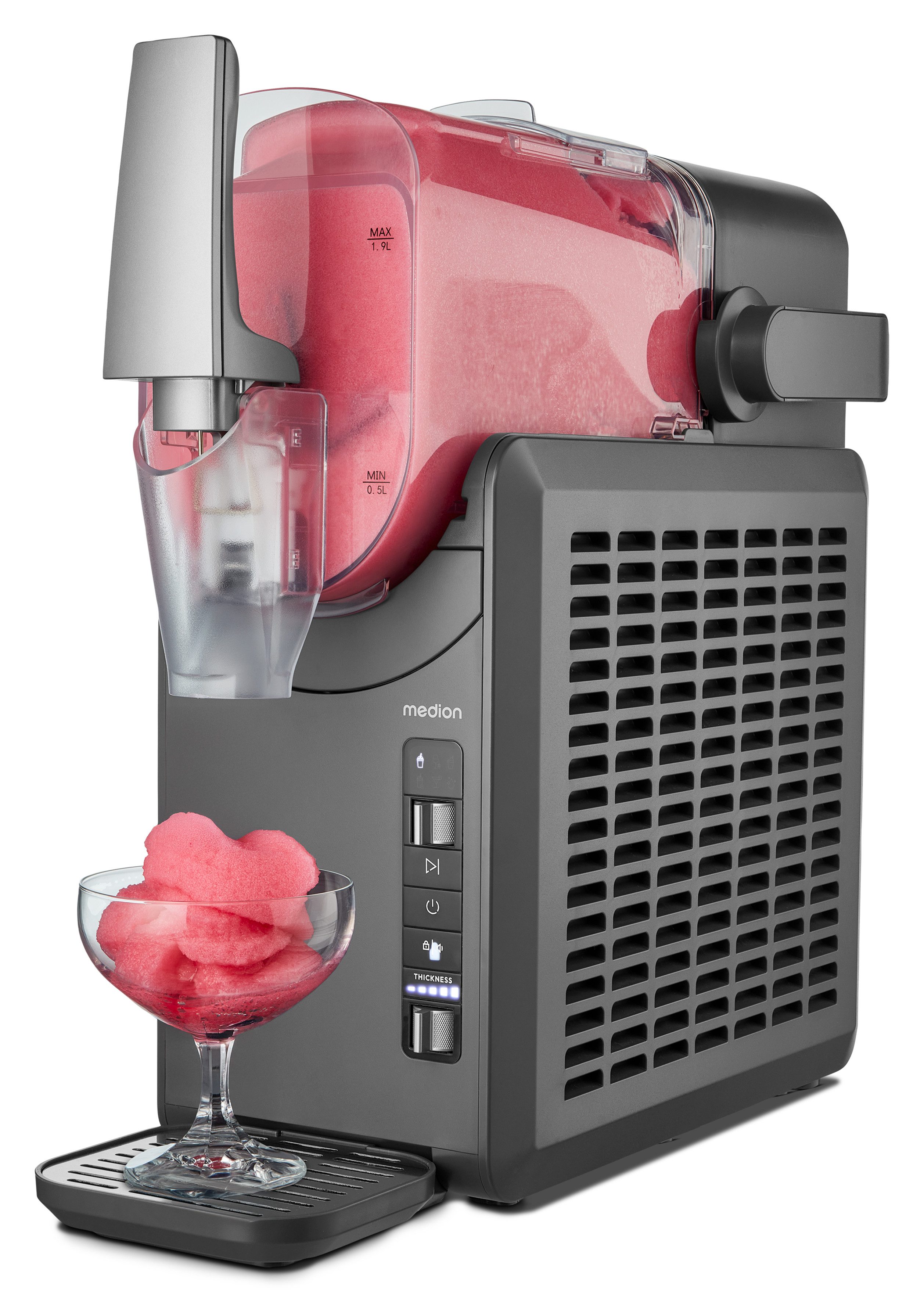 Medion® Slush-Eismaschine MD12090, Kompressorkühlung, 2,6 l, 200 W, 5 Programme, 30–60 Minuten Zubereitungszeit, Selbstreinigungsfunktion