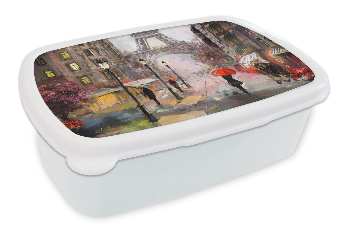MuchoWow Lunchbox Gemälde - Paris - Eiffelturm - Regenschirm - Ölgemälde, Kunststoff, (2-tlg), Brotbox für Kinder und Erwachsene, Brotdose, für Jungs und Mädchen weiß