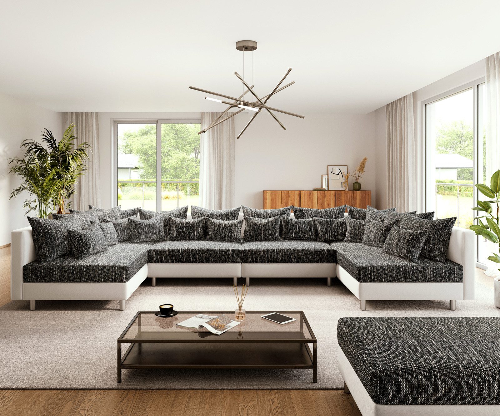 DELIFE Wohnlandschaft Clovis, XL Weiss Schwarz mit Hocker Wohnlandschaft Mo günstig online kaufen