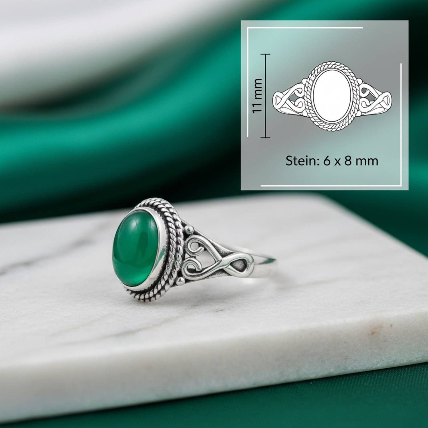 mantraroma Silberring BAGHIMI oval aus 925 Silber mit grünen Onyx (Ring mit Schmuckbeutel), Damenring aus 925er Silber
