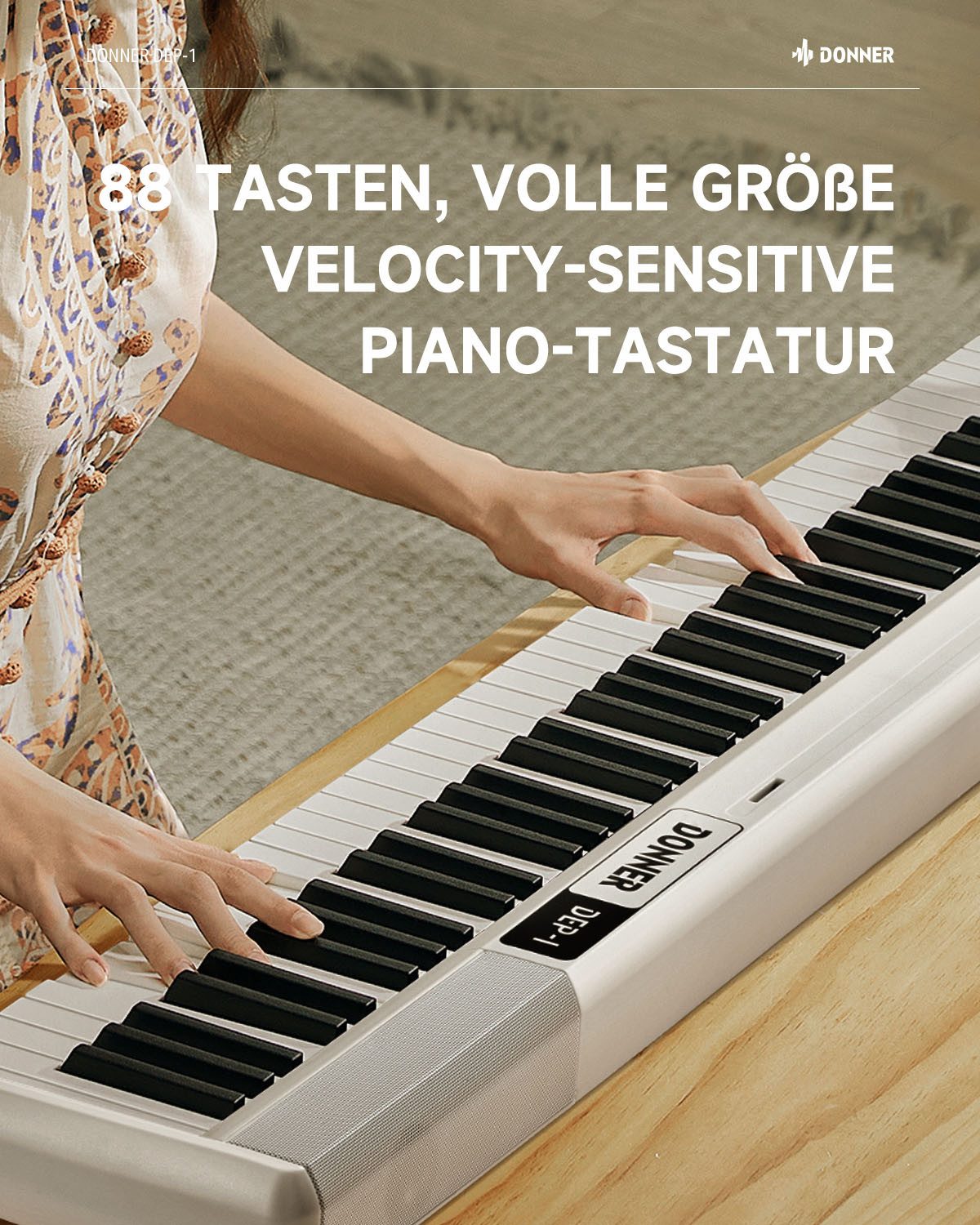 Donner Home-Keyboard Klavier 88 Tasten Elektro piano Einsteiger Tragbares E-Piano DEP-1 (Set, mit Ständer, Sustain-Pedal, Transporttasche und Keyboard-Aufklebern), Einsteiger Digital Keyboard Klavier mit velocity-sensitive Tasten