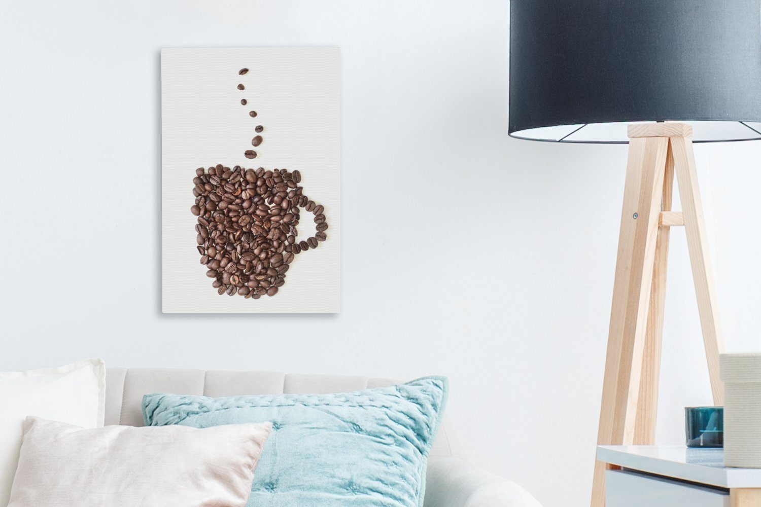 Kaffeetasse Leinwandbild bespannt inkl. fertig Kaffeebohnen, OneMillionCanvasses® Zackenaufhänger, Leinwandbild aus St), 20x30 Gemälde, cm (1