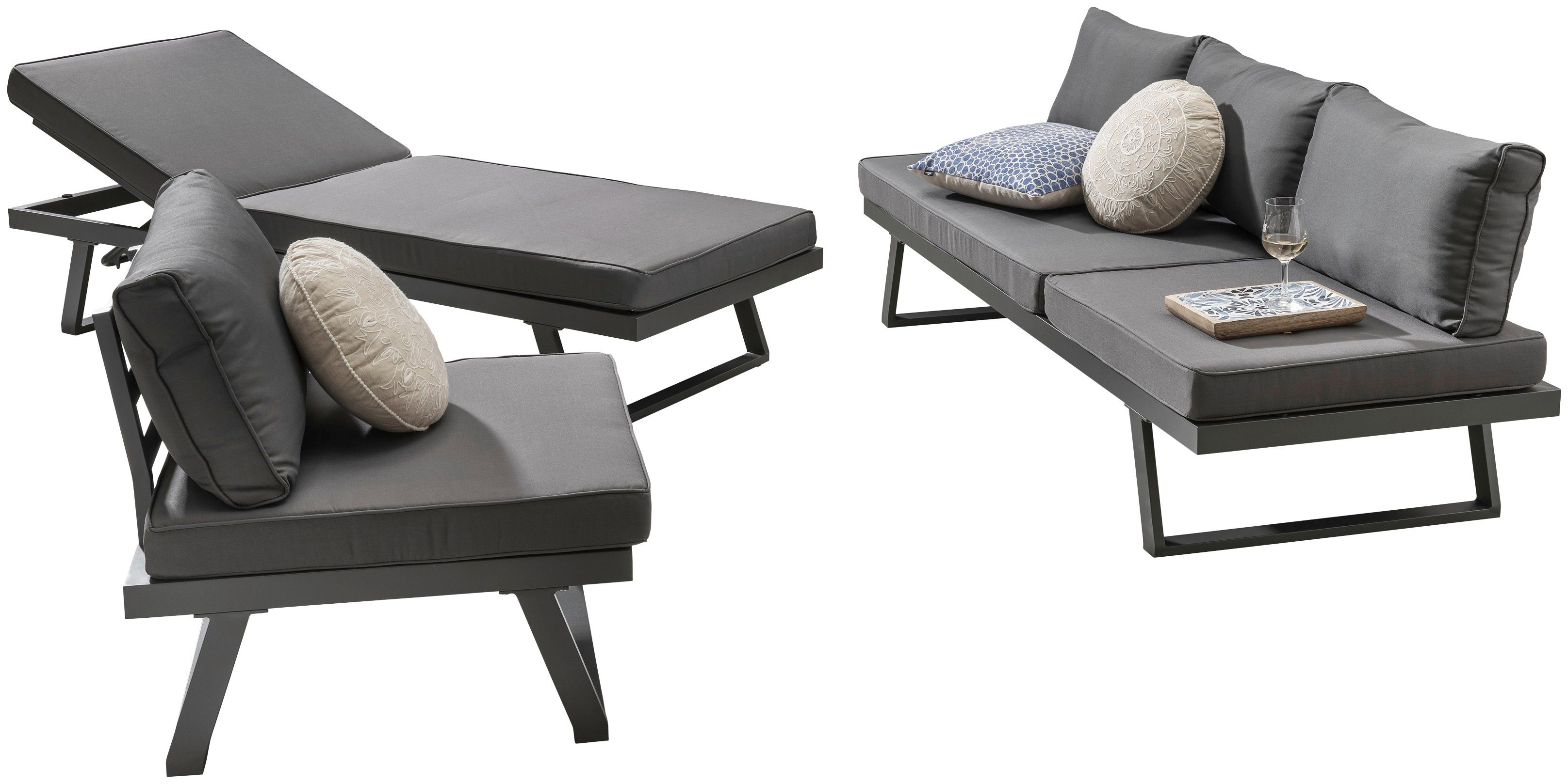 Destiny Gartenlounge-Set MANHATTAN, (13-tlg., 2x Schenkel, 1x Hocker, inkl. Auflagen), Aluminium, Textilene
