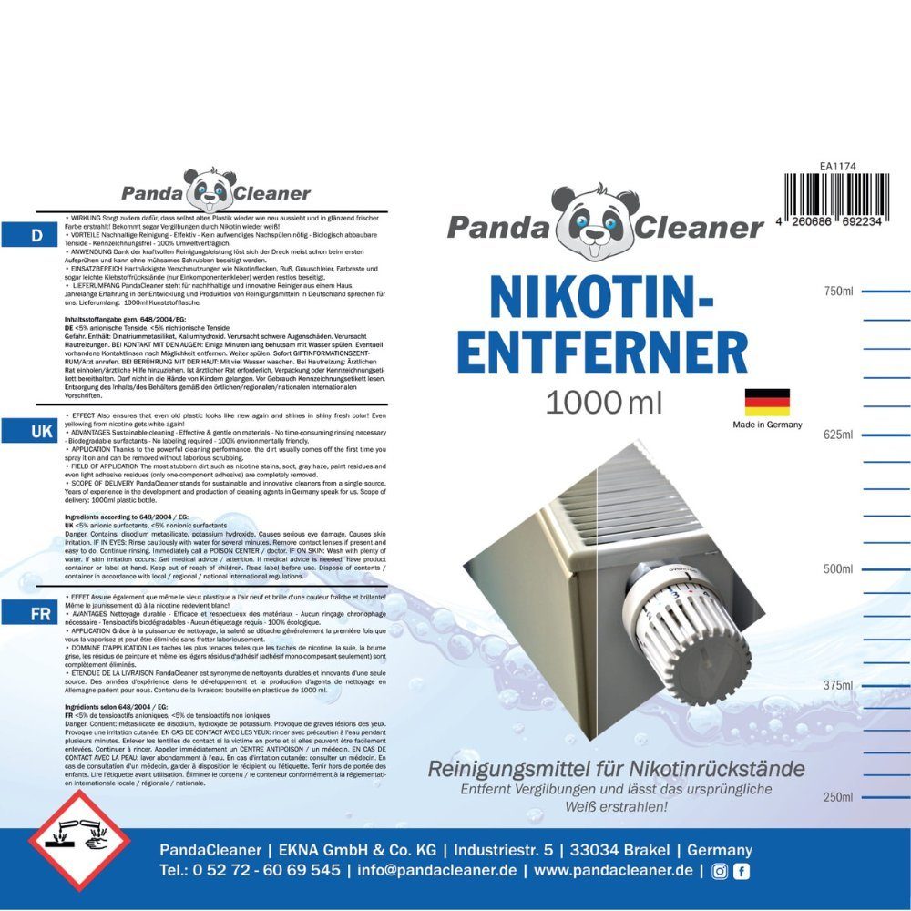 PandaCleaner Nikotin-Entferner - (Set, 1l) Konzentrat Nikotin Kunststoffreiniger Reiniger 1 - [2-St. Reiniger + Sprühkopf x