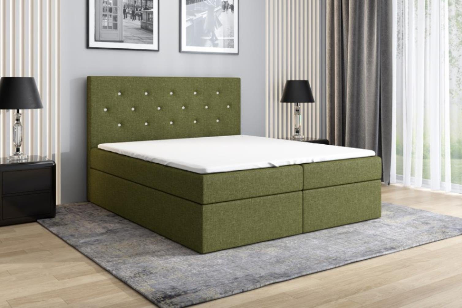 A&J MöbelLand GmbH Boxspringbett REGIN mit 2 Bettkästen, Bonell-Matratze und Topper. OLIVE 8