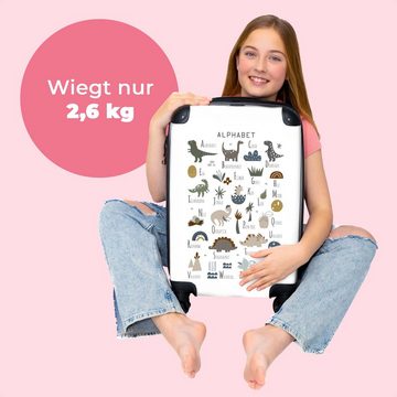 NoBoringSuitcases.com© Kinderkoffer Alphabet - Dino - Jungen - Pädagogisch 55x35x20cm, 4 Rollen, Reisetasche mit rollen, Handgepäck für Ferien, Kindertrolley, Koffer