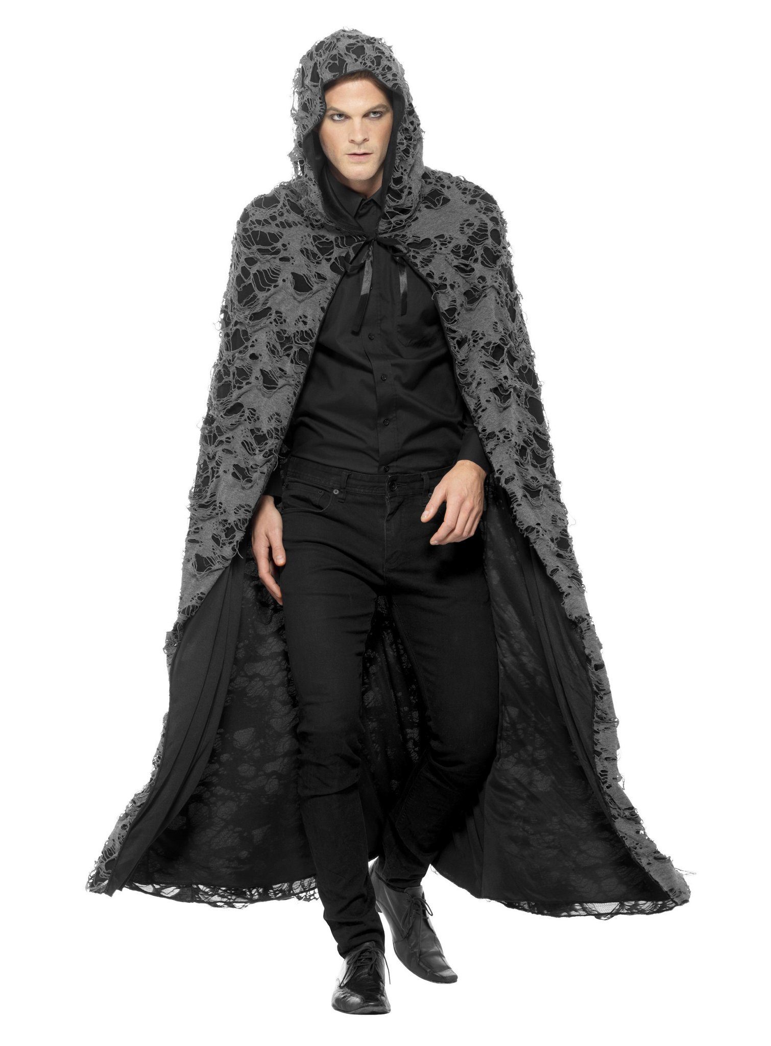 Smiffys Zauberer-Kostüm Hexercape grau - Umhang Halloween Kostüm Damen, Umhang für abgerissene Hexen und Zauberer