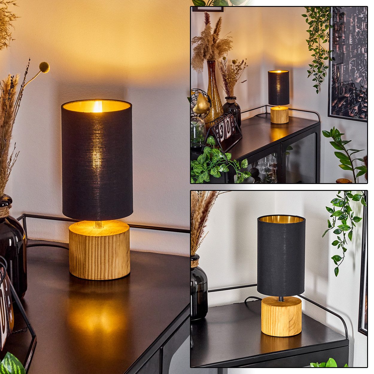 hofstein Tischleuchte »Coletta« Nachttischlampe aus Holz/Stoff in Natur/Sch günstig online kaufen