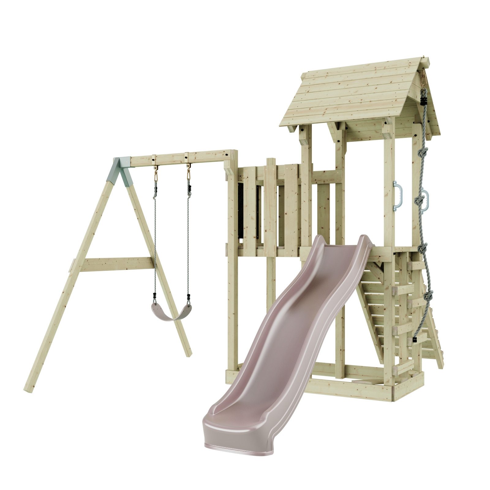 OutdoorToys Spielturm Bergen, aus Holz in Altrosa mit Kinderschaukel & Rutsche