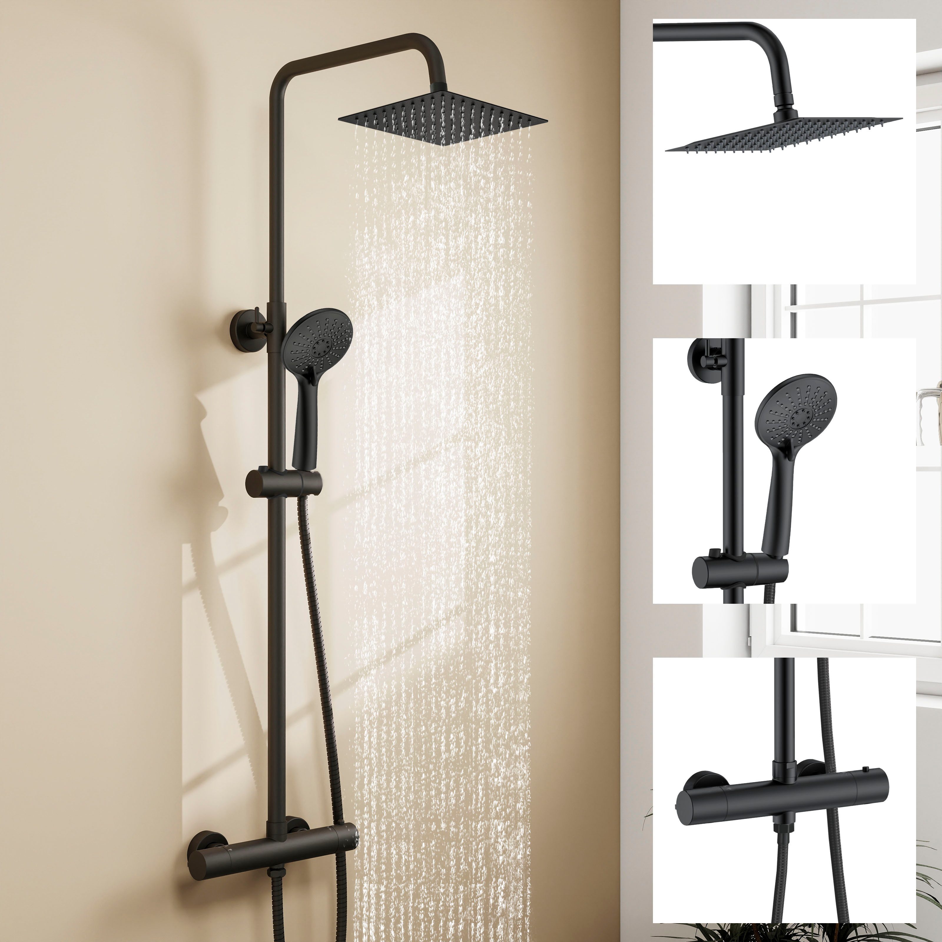 duschspa Duschsystem 20x20cm eckig Regenduschset mit Kopfbrause, 2 Strahlart(en), Wandmontage mit Thermostat Regendusche Chrom/Schwarz Quadratisch