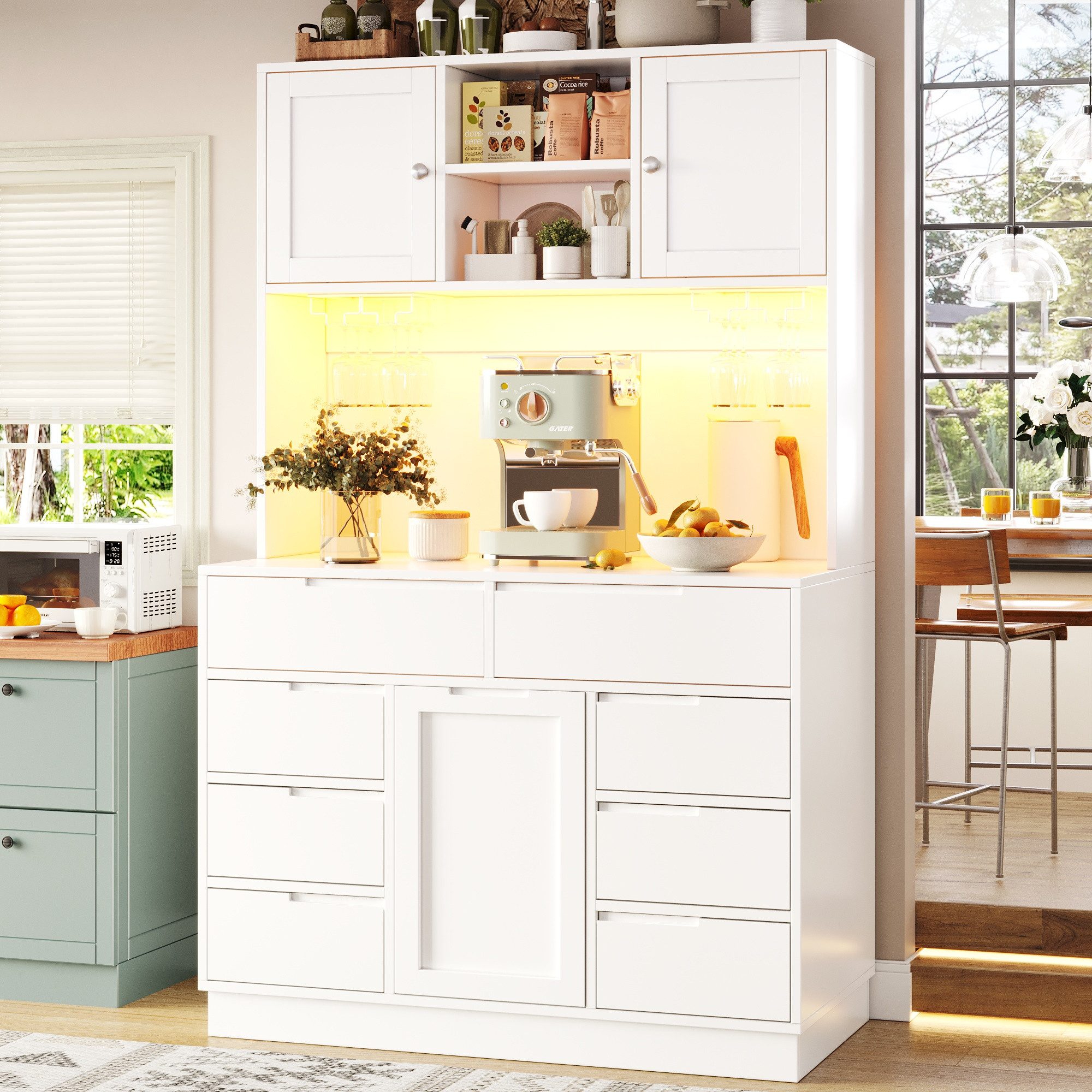 Flieks Küchenbuffet mit LED-Beleuchtung, Gläserhalter, 8 Schubladen und 3 Türen (1-St., B120/T40/H183,5 cm) Hochschrank Küchenschrank Geschirrschrank mit verstellbaren Ablagen