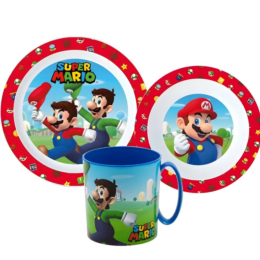 Super Mario Kindergeschirr-Set Super Mario und Luigi Kinder Geschirr-Set 3 teilig (3-tlg), 1 Personen, Teller Schüssel Becher 350ml