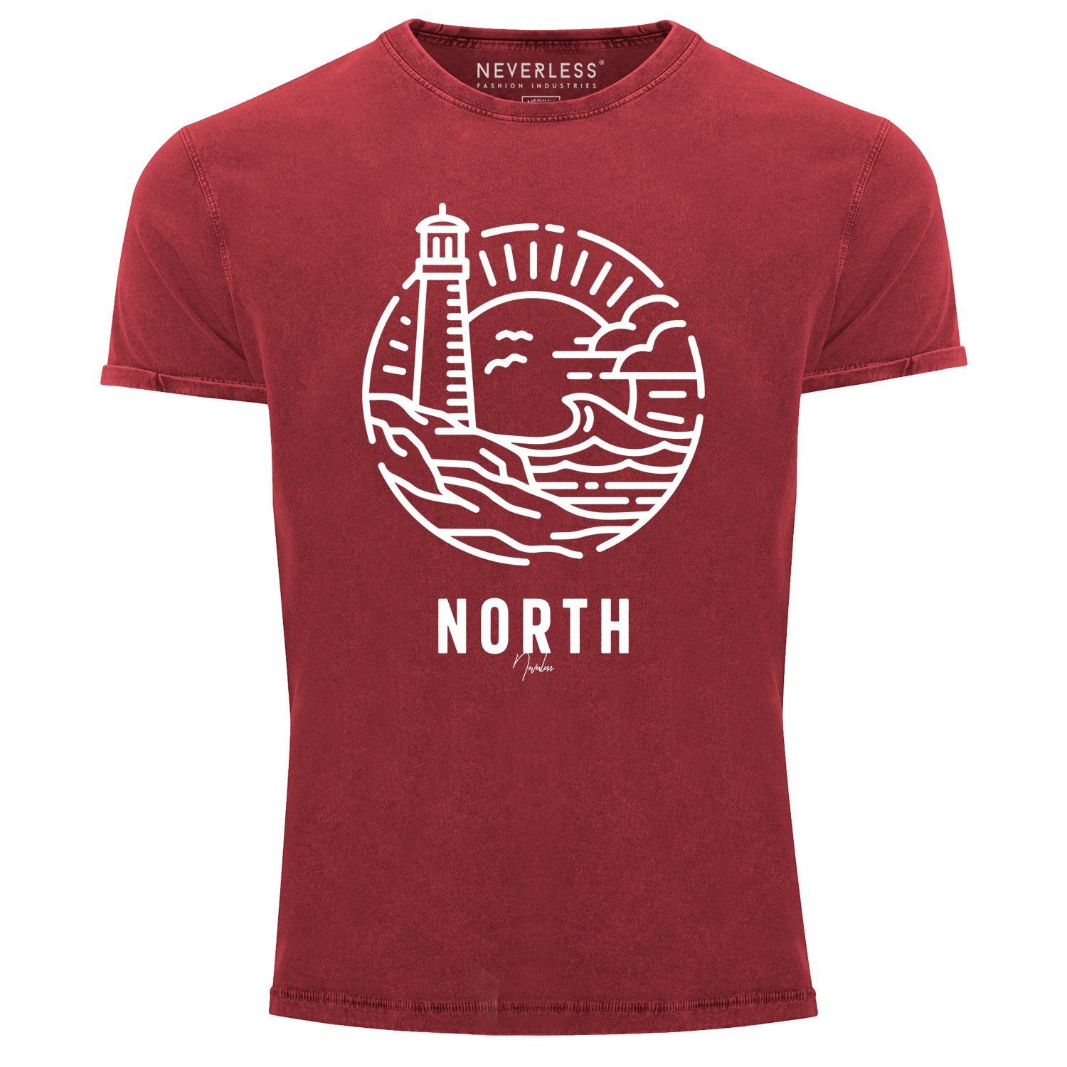 Logo Neverless Fit Neverless® Slim Art Leuchtturm Print-Shirt Vintage Print Welle Used rot Printshirt maritim Outline mit T-Shirt Look Herren Shirt