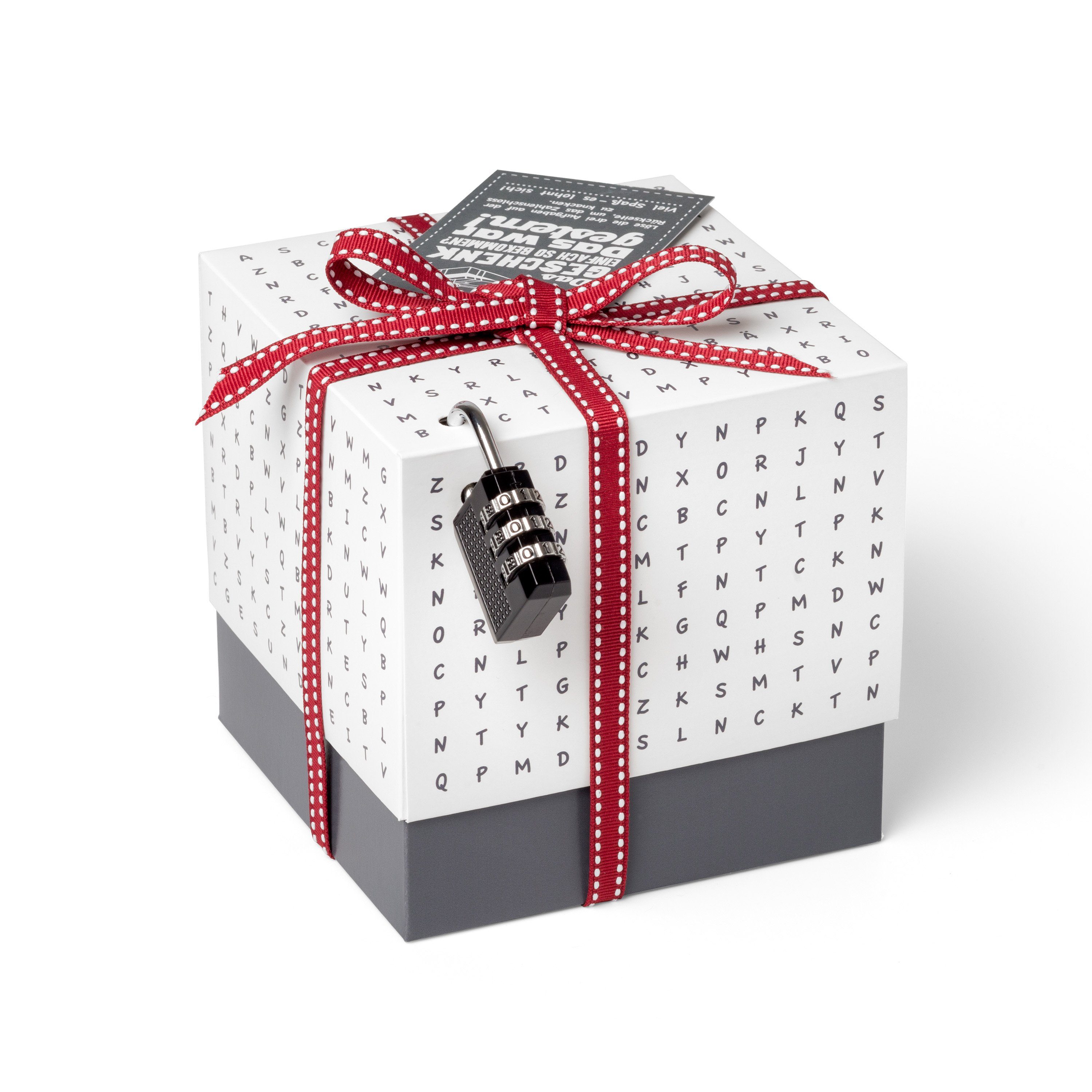 SURPRISA Geschenkbox Rätzel Geschenkbox, Geldgeschenk Verpackung & Gutschein Geschenk Box (inkl. 3-stelligem Zahlenschloss), Geschenkkarton Buchstaben-Rätsel, 12,5 x 12,5 x 12,5 cm, weiß