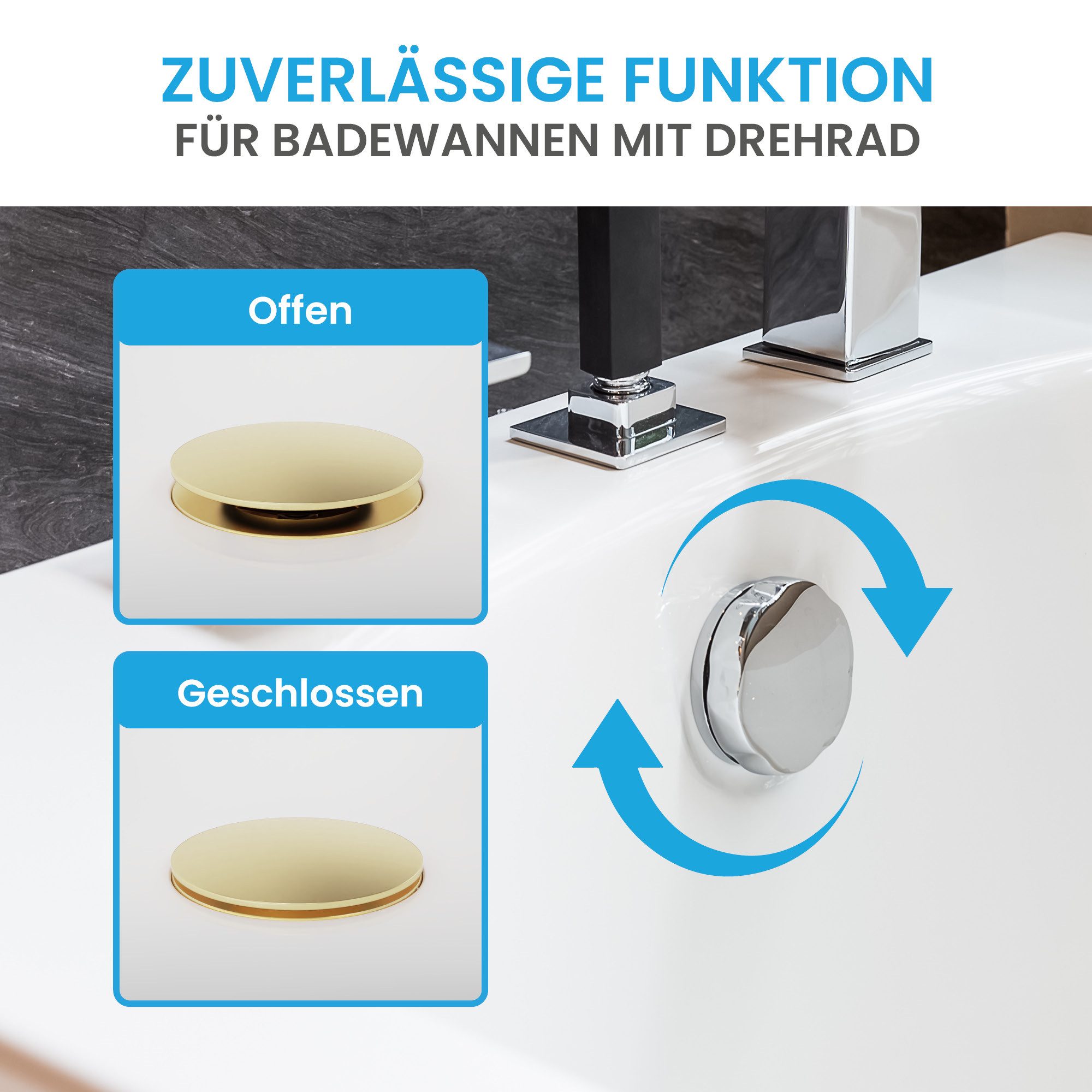 Bächlein Badewannenstöpsel Hochwertiger Badewannenstopfen mit Excenterverschluss, (Gold), Ablaufgarnitur für jede Badewanne inkl. Dichtungen – Bild 5 von 5