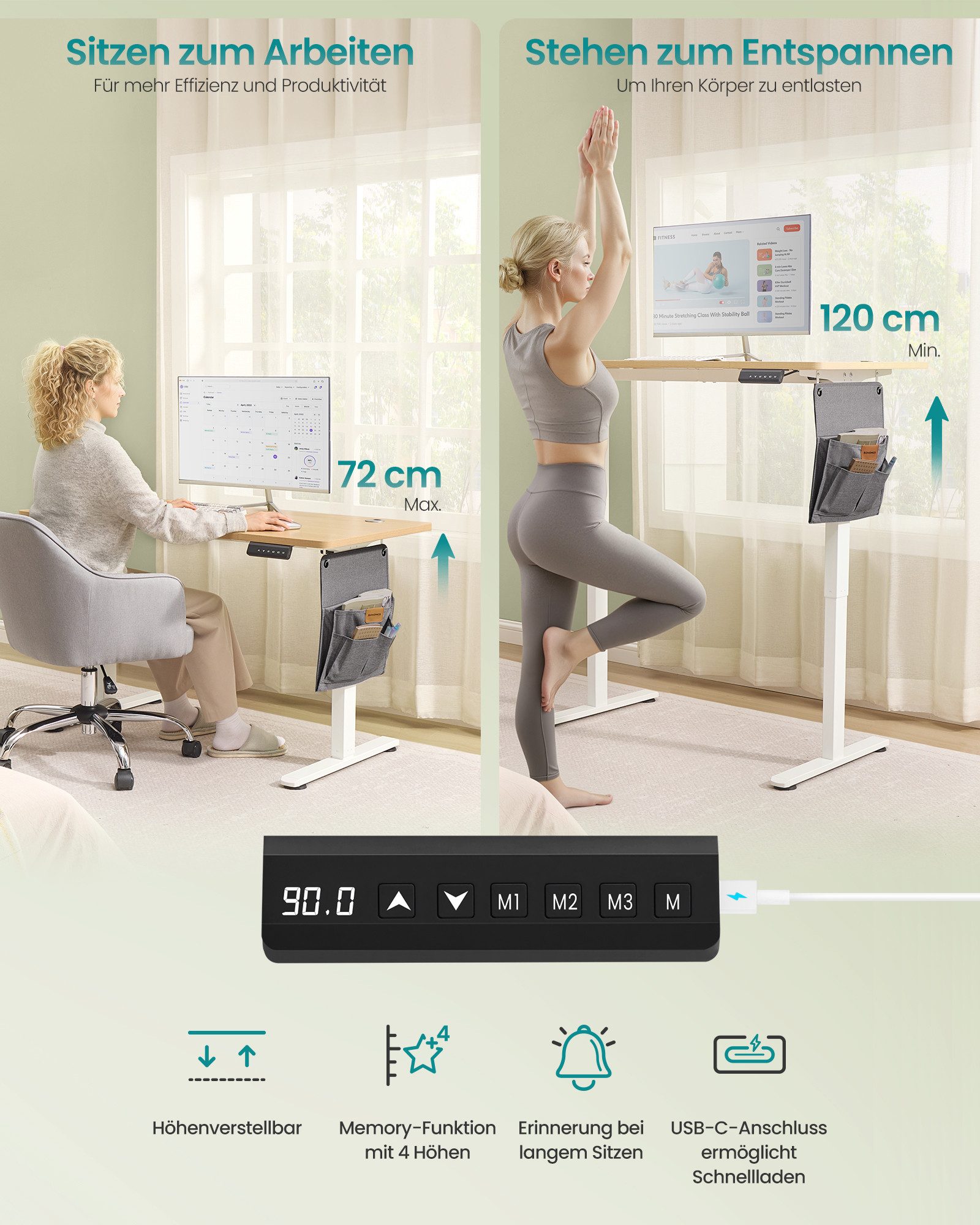 SONGMICS Schreibtisch Höhenverstellbarer elektrisch, 100/120/140/160/180 cm, USB-C-Anschluss, Memory-Funktion für 4 Höhen, mit Stoff-Organizer