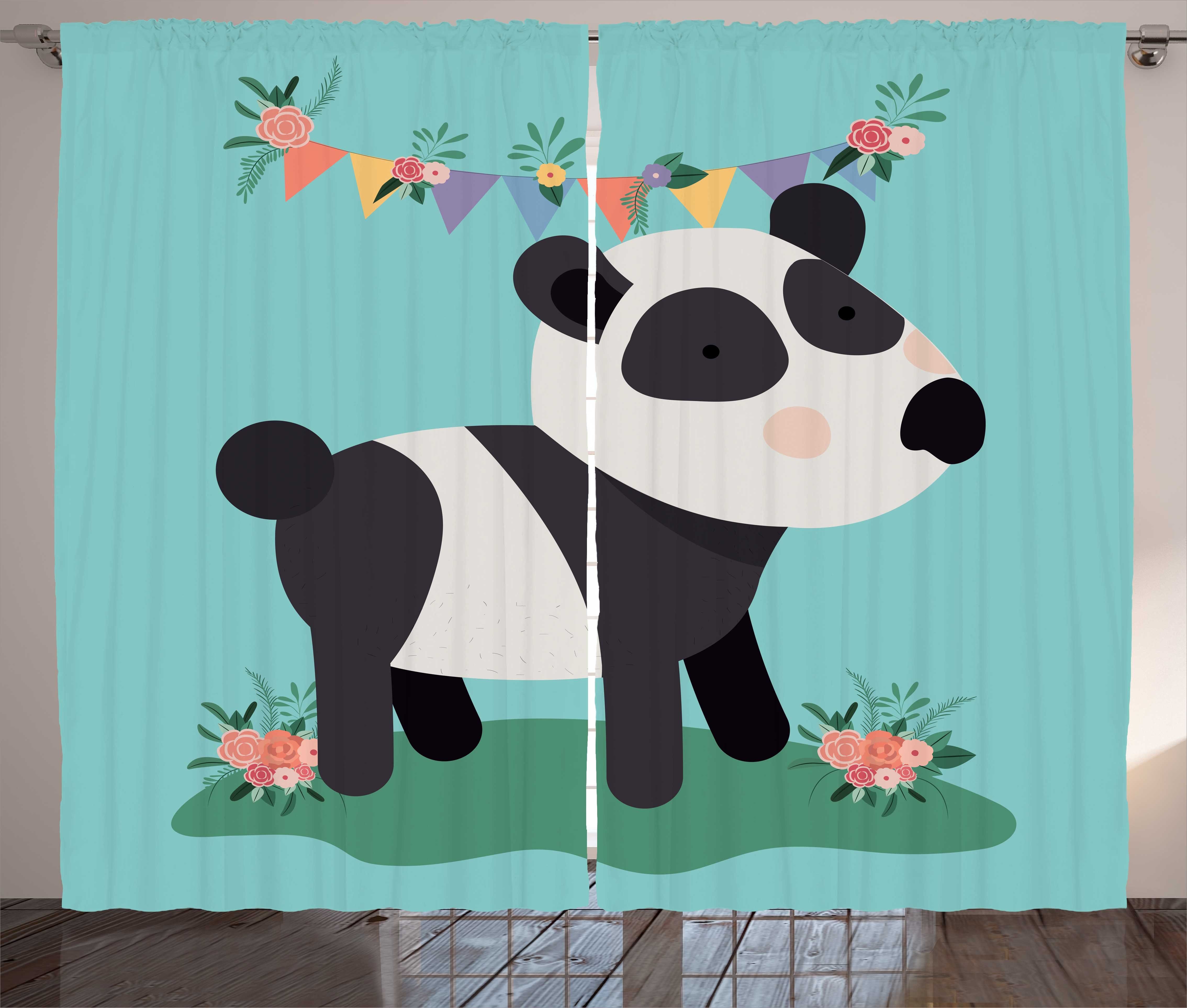 Gardine Schlafzimmer Kräuselband Vorhang mit Schlaufen und Haken, Abakuhaus, Panda Kinderfest mit Blumen