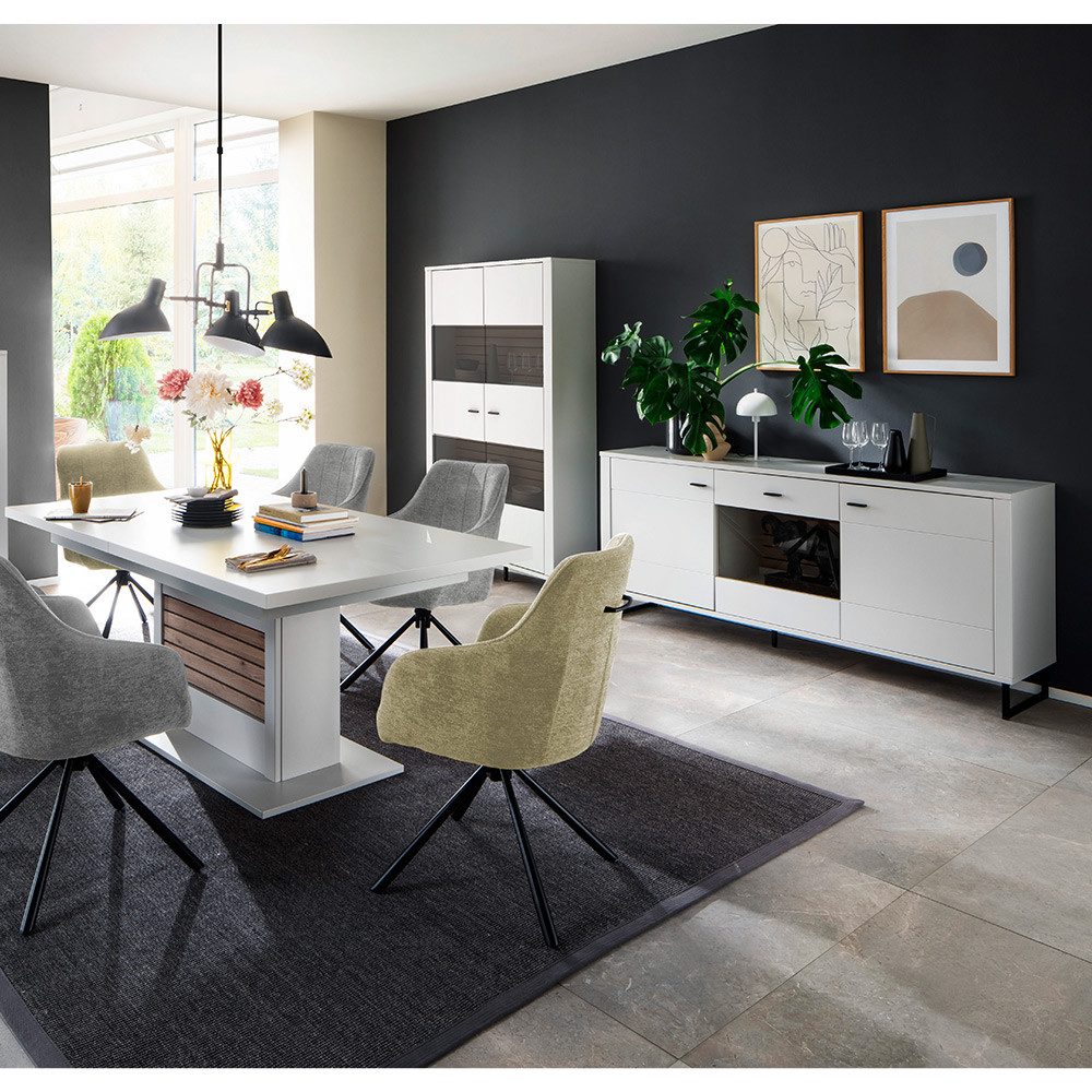 Lomadox Esszimmer-Set LAUREANA-05, (Spar-Set, 3-St., Vitrine Sideboard Esstisch), Esszimmermöbel, weiß mit Eiche, ausziehbarer Esstisch 180/230/280cm