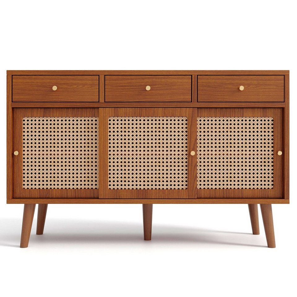 Celya Rattan Sideboard Kommode - 3 Schubladen & Türen Walnuss