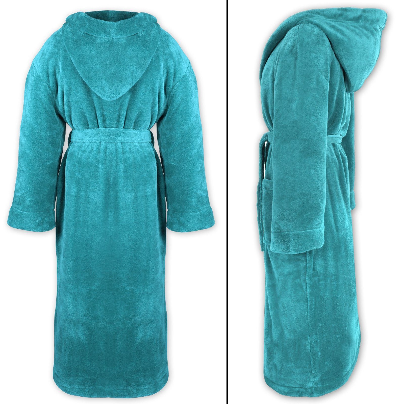 Gräfenstayn Unisex-Bademantel Bademantel Kapuze Flanell Fleece, S Türkis, warm & kuschelig, Waden bis Knöchellang, Fronttaschen, Gürtel, S-XXXL