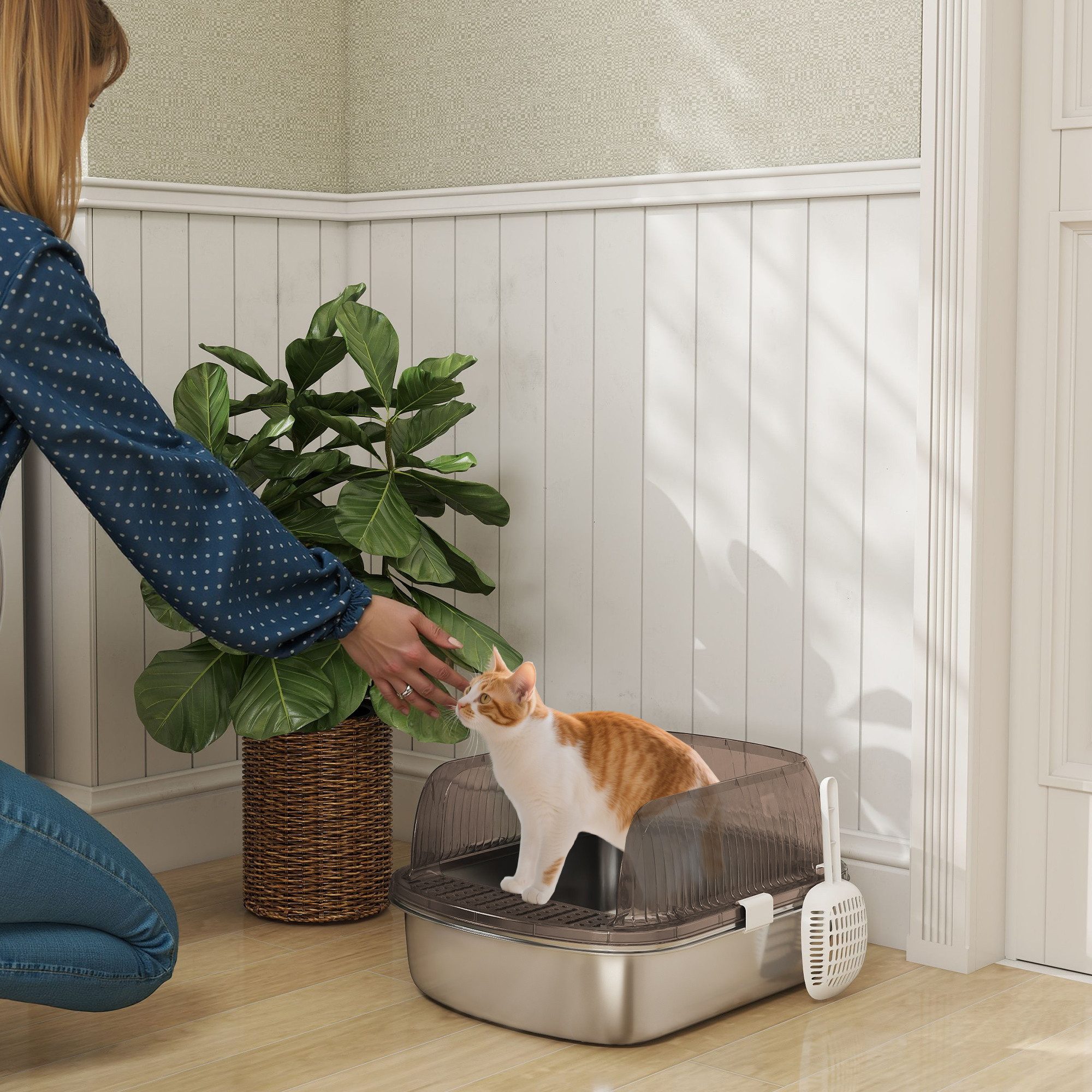 PawHut Katzentoilette Katzenklo Edelstahl mit hohem Rand, Wanne, Schaufel, für große Katzen unter 15 kg, Kohlegrau