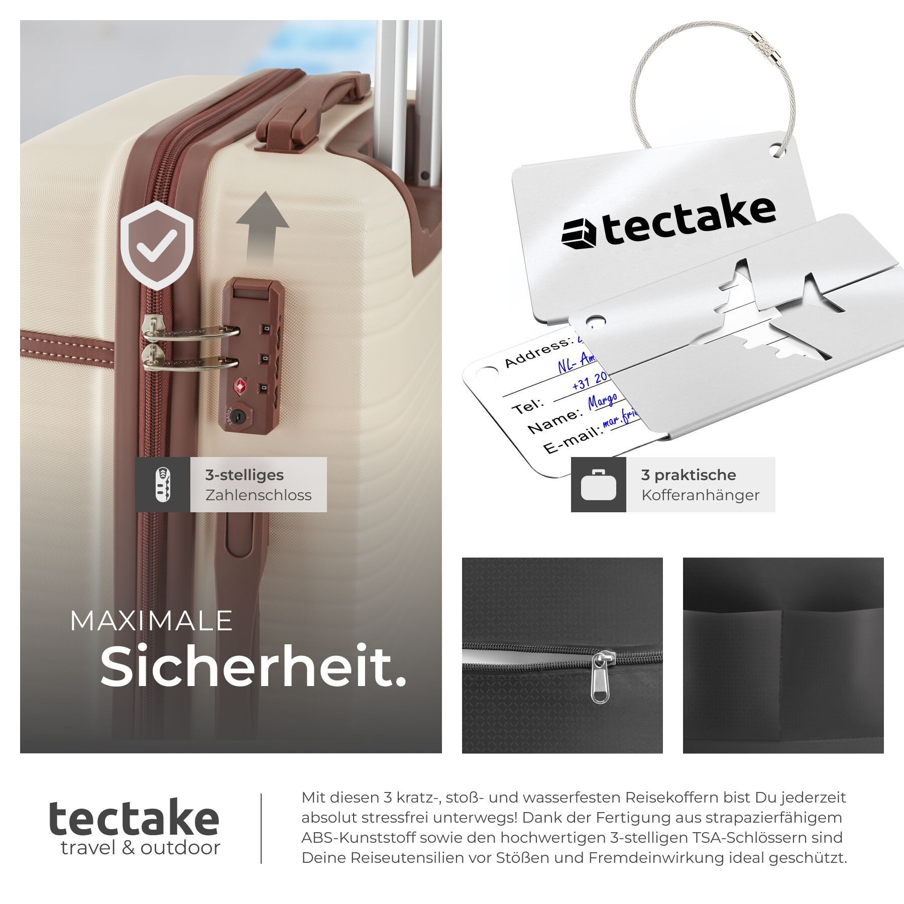 tectake Trolley Hartschalenkoffer-Set 13-tlg. ABS-Kunststoff, inkl. Kofferwaage, 4 Rollen, TSA-Sicherheitszahlenschloss, 360° drehbare, abnehmbare Doppelrollen – Bild 5 von 5