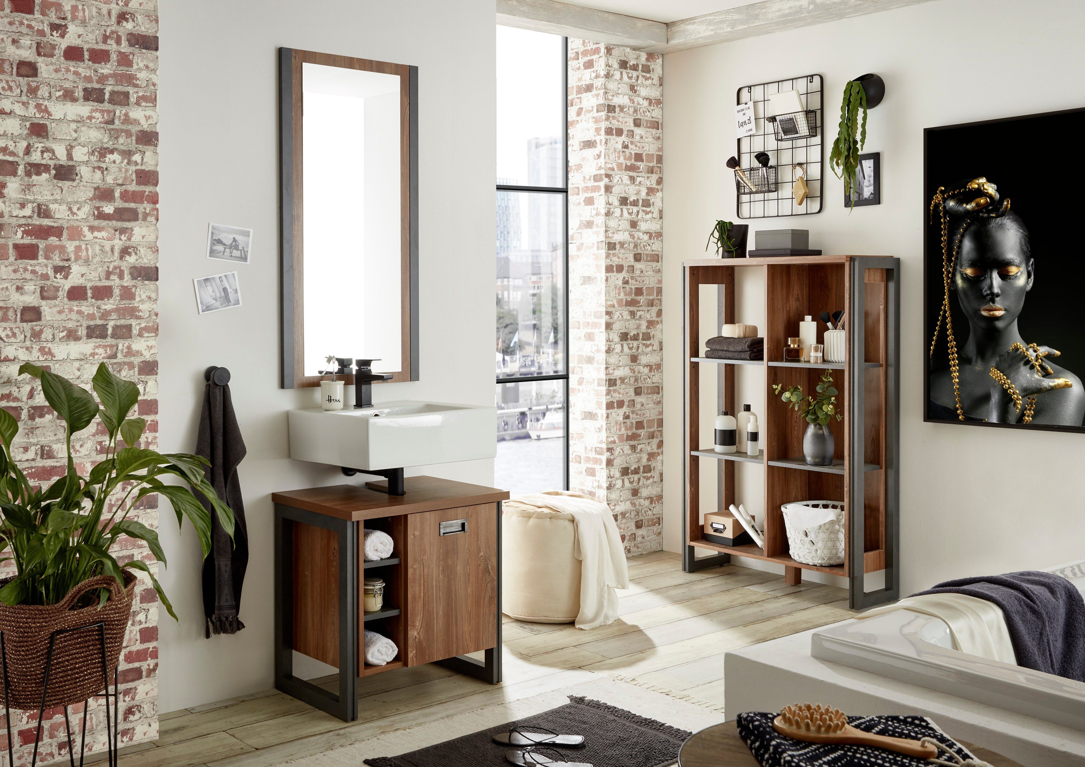 Home affaire Badmöbel-Set Detroit, Bad im Industrialdesign, 3-teiliges Badezimmer, (Set, 3-St), Unterschrank, Regal & Spiegel, holzfarben, offene Fächer & Stauraum
