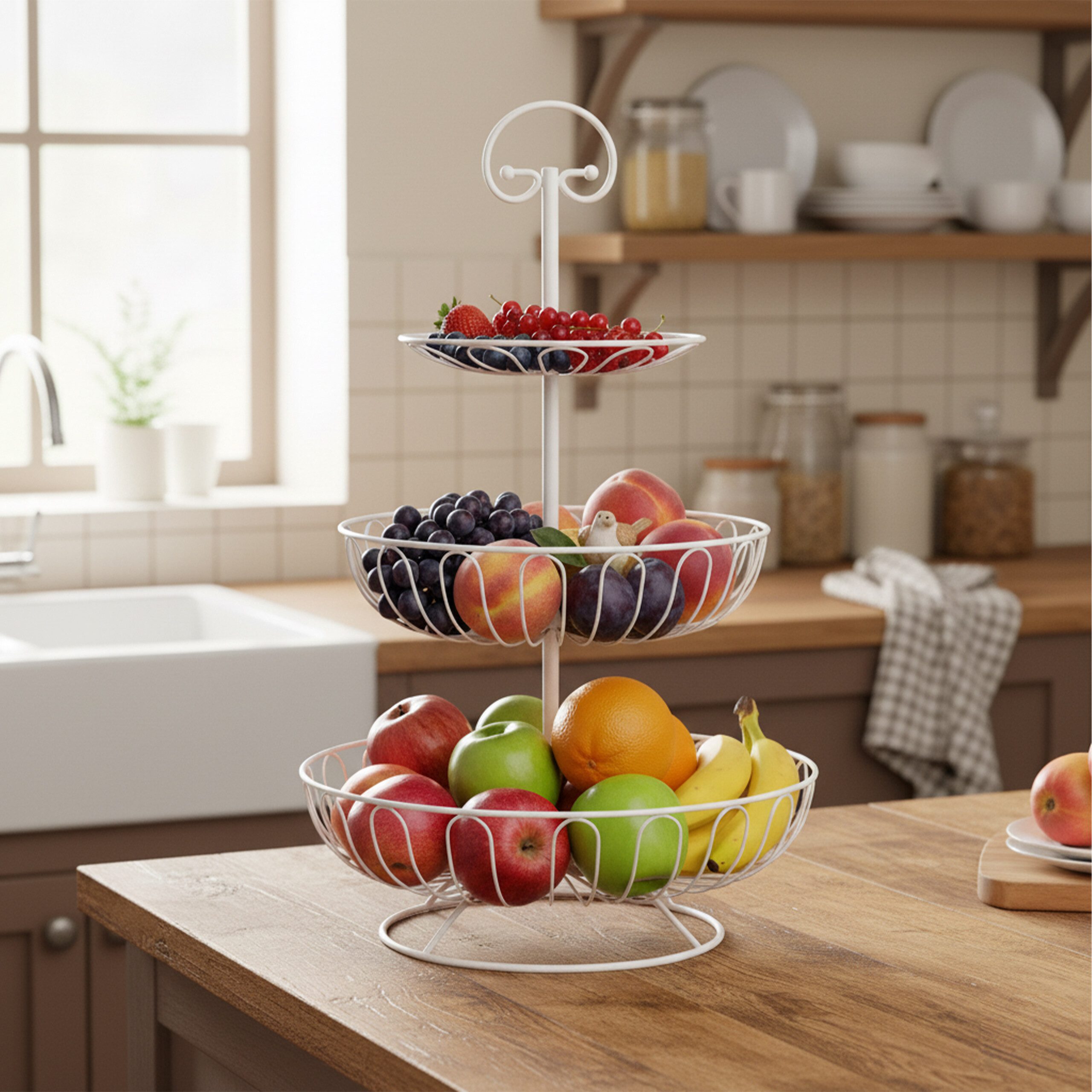 relaxdays Obstschale Obst Etagere 3 Etagen, Eisen, weiß