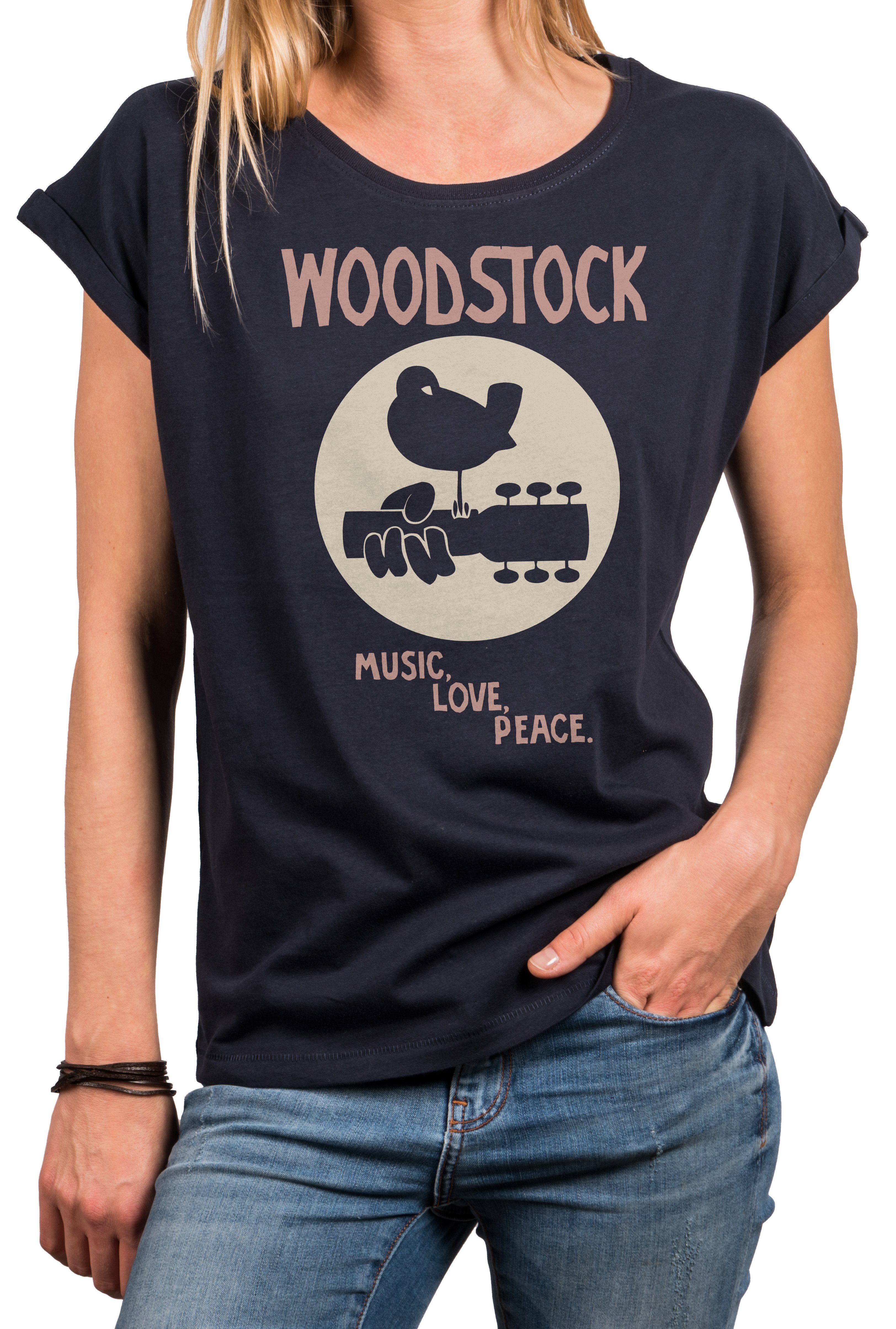 Top Sommer Damen aus große 70er Vintage Hippie Bandshirt Baumwolle, Musik Woodstock T-Shirt Druck, Größen mit MAKAYA 60er