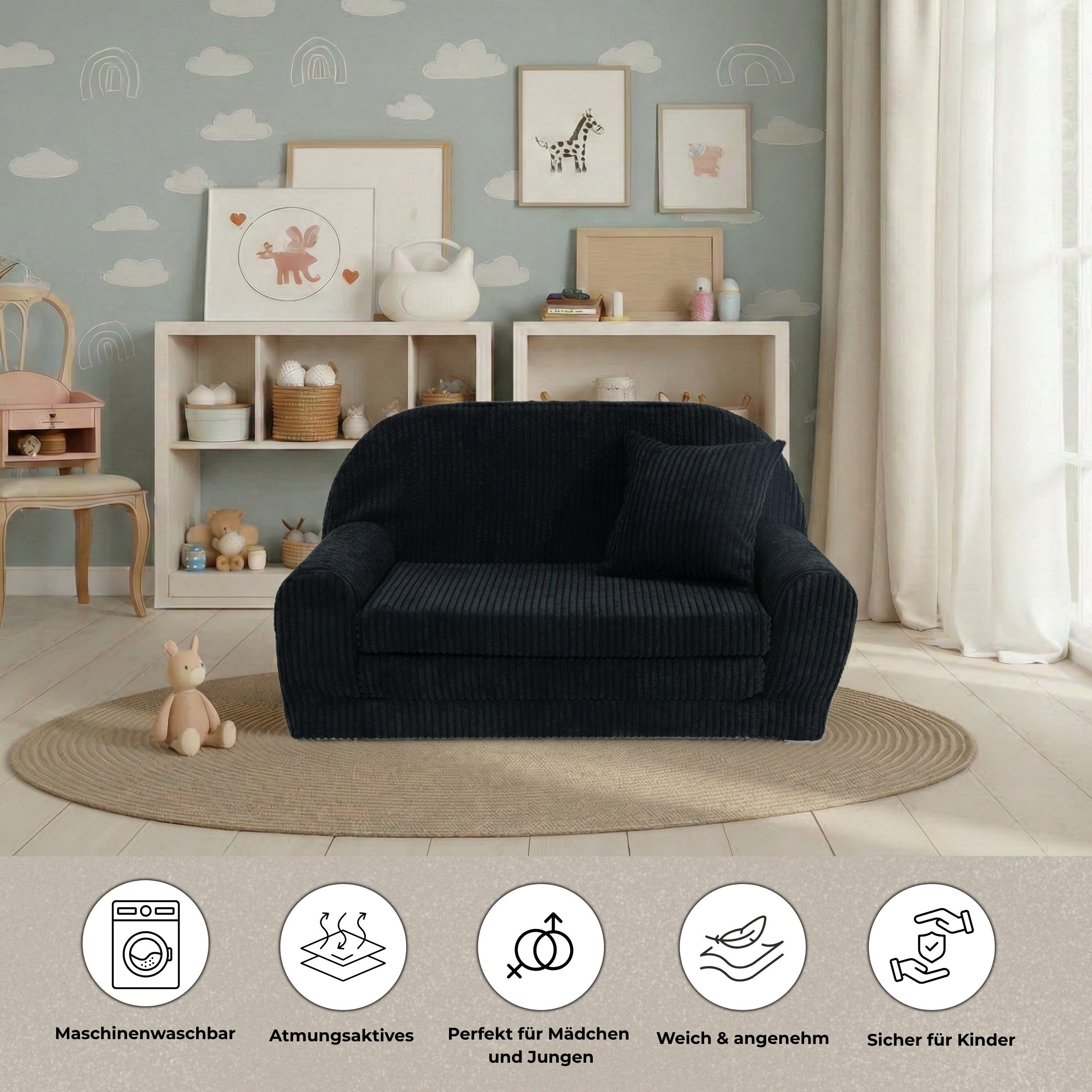 FORTISLINE Kindersofa Mini-Sofa Rosalia aus Cord – Komfort, Stil und Sicherheit für Ihr Kind, zusammenklappbar, waschbarer Bezug, keine Montage erforderlich – Bild 5 von 5