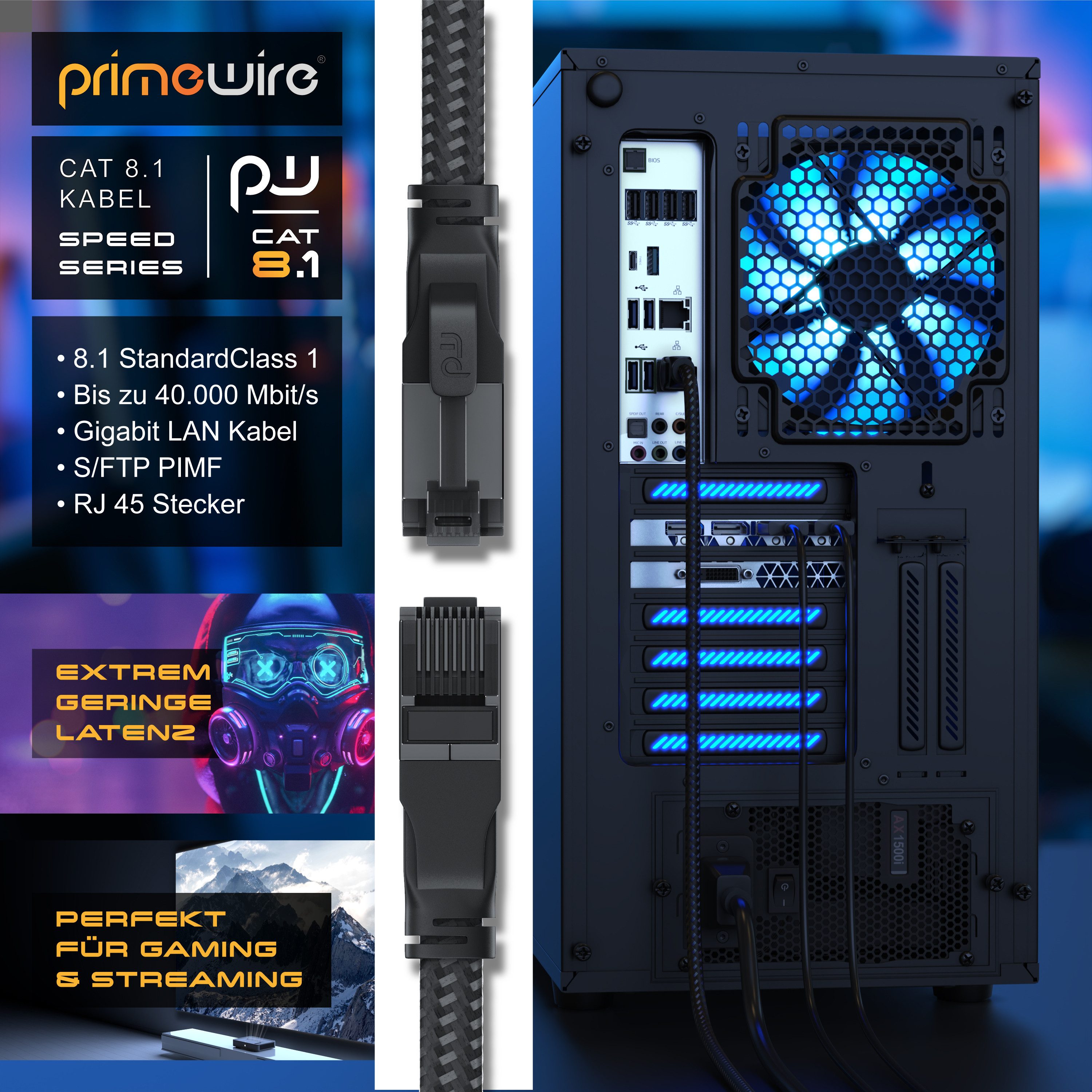 Primewire CAT 8.1 Netzwerkkabel Flach 40 Gbits, Baumwollmantel Patchkabel - 10m LAN-Kabel, CAT.8, RJ-45 (Ethernet) (1000 cm), für Router, Modem, Switch, PC, ide – Bild 2 von 5