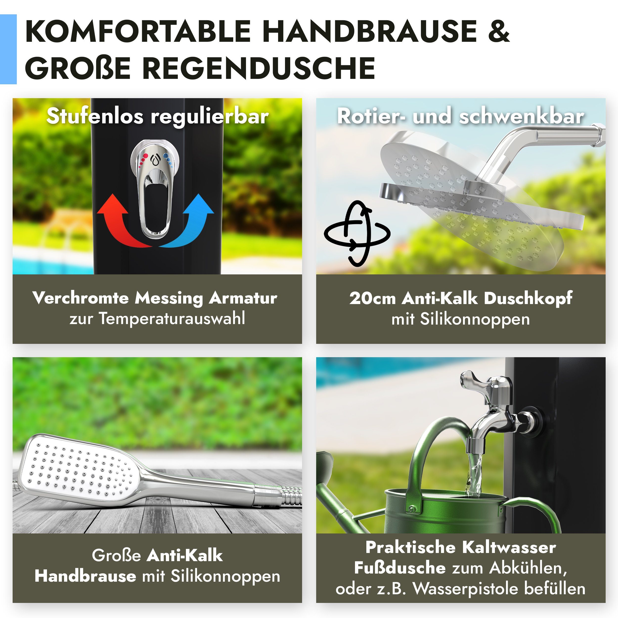 dirks-traumbad Gartendusche Solar 35l Pooldusche Außendusche mit Handbrause + Fußdusche Schwarz, Aussendusche Sauna Garten 35l Tank winterfest