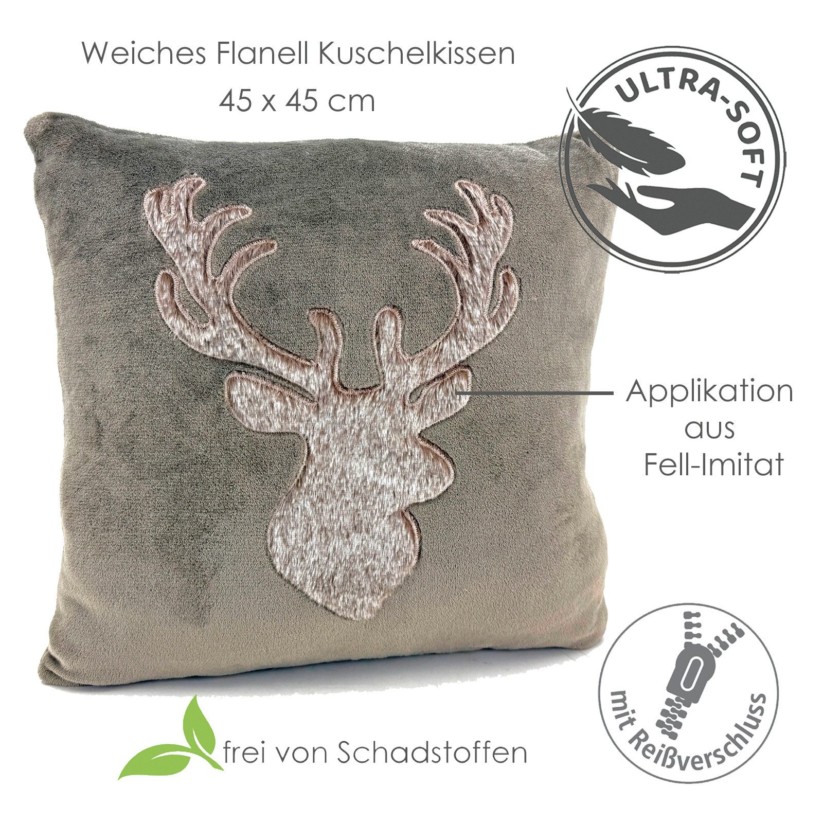 heimtexland Dekokissen Flanell Kuschelkissen Hirsch Landhaus Kissen Fell, verdeckter Reißverschluss, weich und flauschig