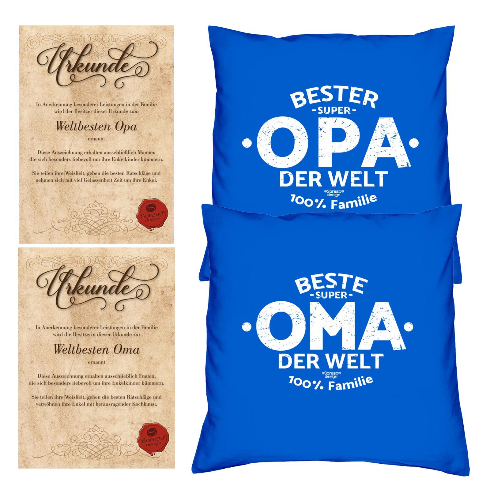 Soreso® Dekokissen Kissen-Set Beste Oma der Welt Bester Opa der Welt mit Urkunden, Geschenk Vatertag Muttertag Geburtstag royal-blau