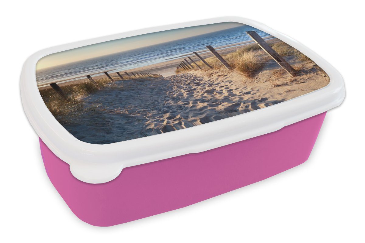 MuchoWow Lunchbox Sand - Strand - Düne - Meer - Sommer, Kunststoff, (2-tlg), Brotbox für Erwachsene, Brotdose Kinder, Snackbox, Mädchen, Kunststoff rosa