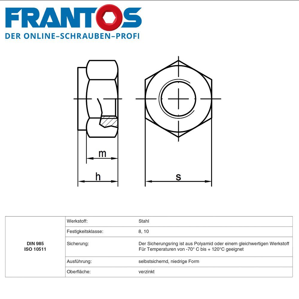 FRANTOS Muttern DIN 985 M20, mit - Stahl Stoppmuttern 10er Polyamid-Klemmteil 6-8 verzinkt, M2,5 Pack Sechskantmutter