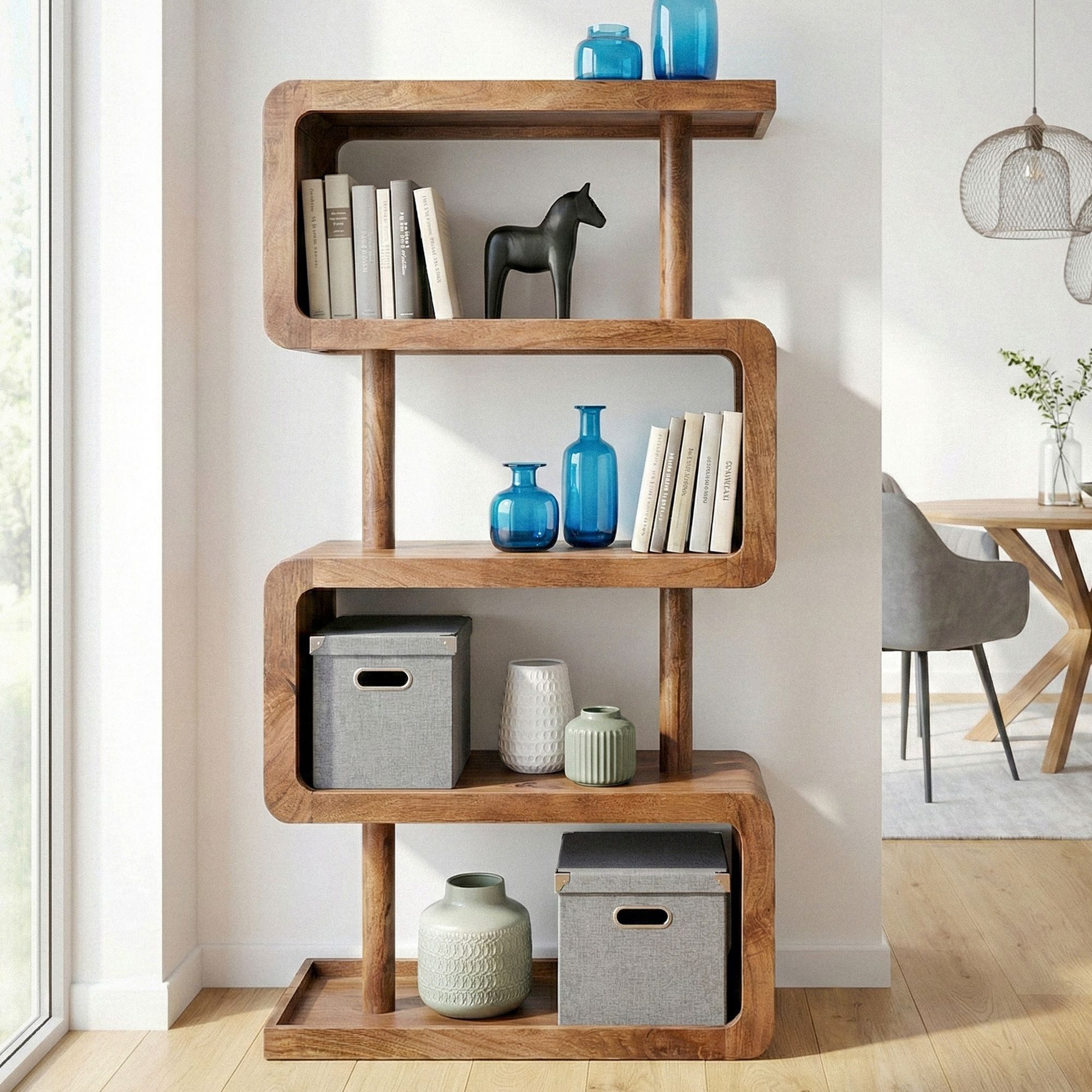 FINEBUY Bücherregal FB114489 Standregal 160cm Massivholz Stauraumregal Wohnregal Dekoregal, Natürliche Maserung mit warmer Ausstrahlung, Geschwungene Linien mit modernem Charakter