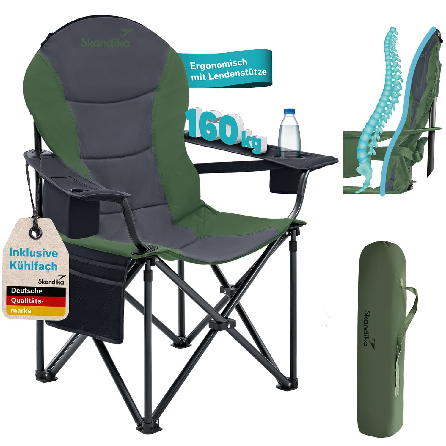 Skandika Campingstuhl Relax Comfort, Klappstuhl, Faltsessel, Anglerstuhl, Gartenstuhl (Max. Nutzergewicht 160 kg, Reißverschlussfach im Kopfteil, Tragetasche), Getränkehalter, Kühlfach, Seitentasche, Polsterfach, breite Sitzfläche
