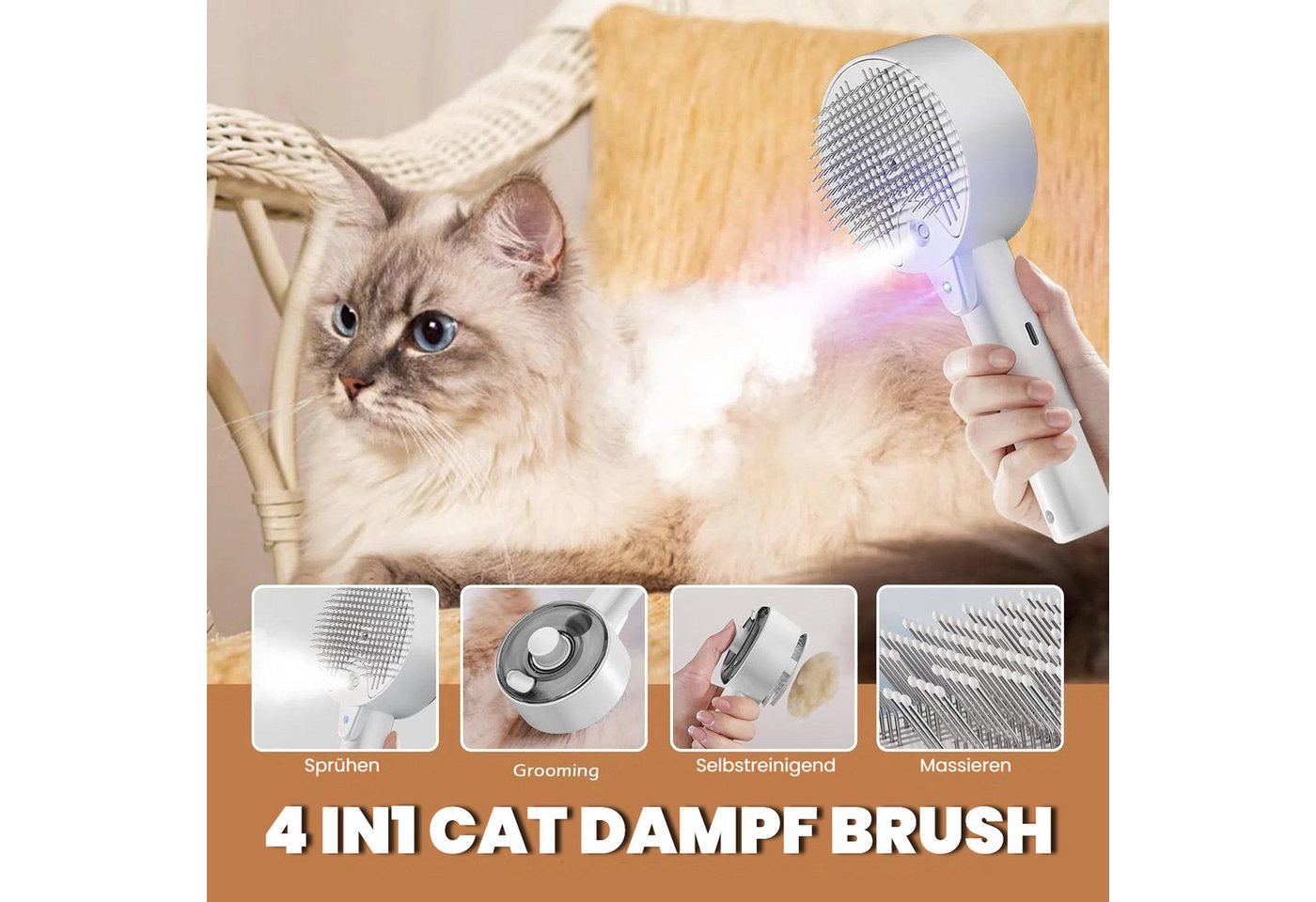 Thumbnail - BlingBin Fellbürste 4 in 1 Dampfbürste Katze Katzenbürste, Katzenbürste mit Dampf, Edelstahl, (1er Set, 1-tlg), Pflege U...