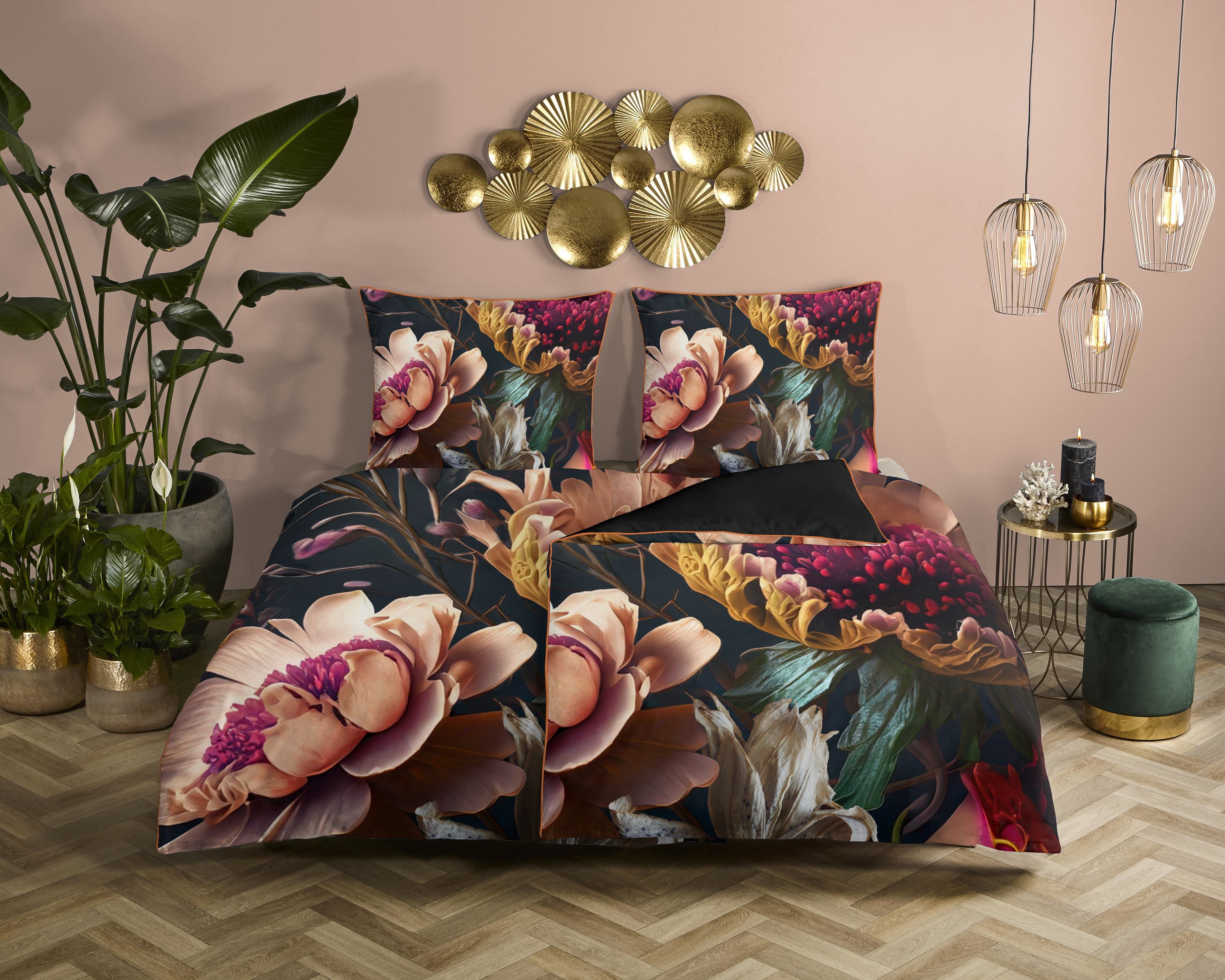 Descanso Wendebettwäsche Straizo, Mako-Satin, Renforcé, Satin, 2 teilig, Satin, Reißverschluss, Paspel, Biese, Wende, Luxe, Blume, Anthrazit