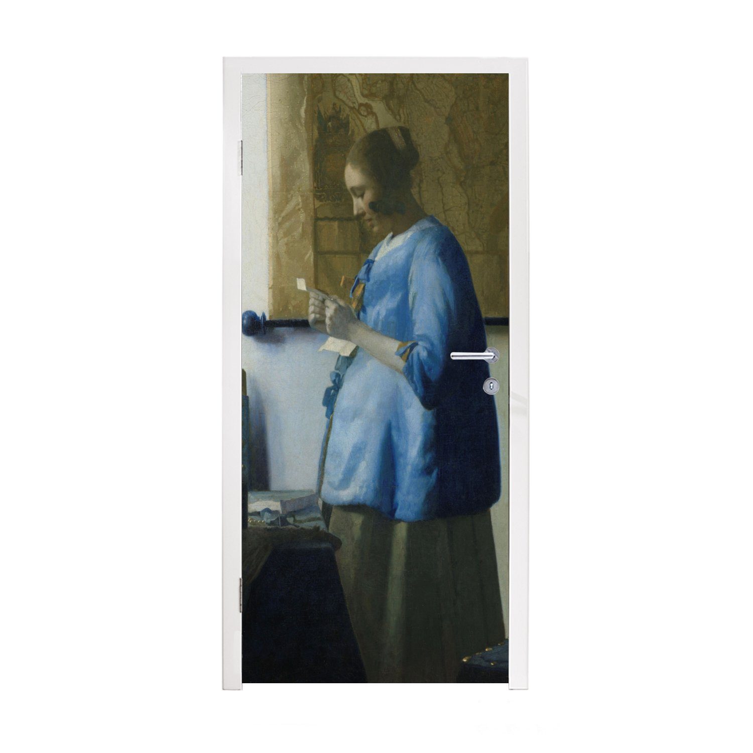 MuchoWow Türtapete Frau in Blau cm Fototapete Matt, Vermeer, liest St), (1 Tür, für von Brief bedruckt, Türaufkleber, - Gemälde Johannes 75x205 einen