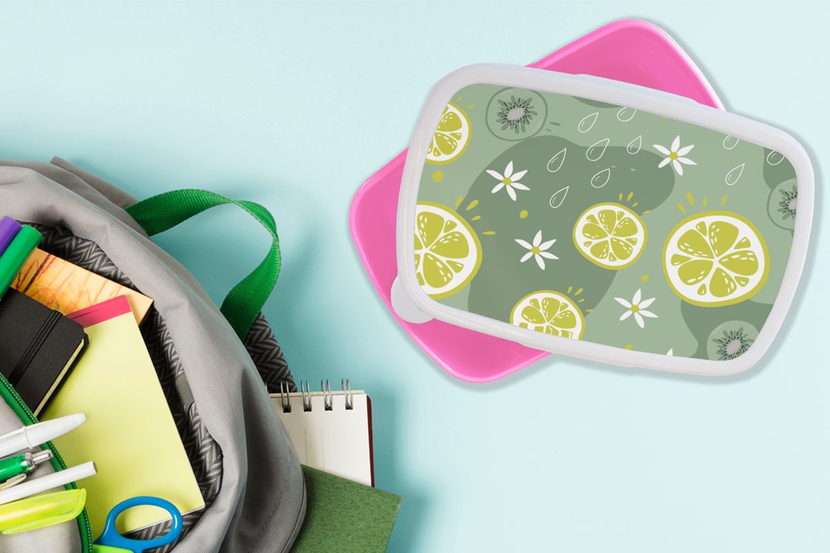 Brotbox - Brotdose Snackbox, Erwachsene, Mädchen, rosa Sommer Blumen, Lunchbox Zitrusfrüchte - Kinder, Kiwi Kunststoff, für - (2-tlg), MuchoWow Kunststoff