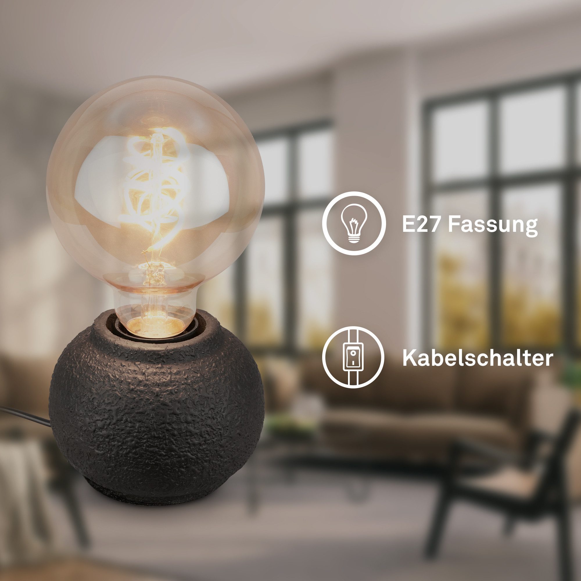 Briloner Leuchten LED Tischleuchte Tischlampe Keramik Kabelschalter für E27 Wohnzimmer Kommode Flur, ohne Leuchtmittel, Abhängig vom Leuchtmittel, 10x8 cm, Wohnzimmer, Schlafzimmer, Büro