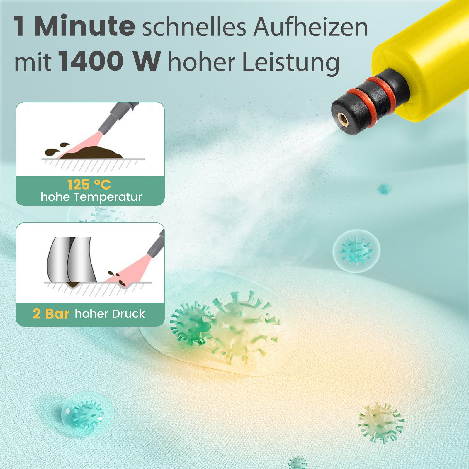 KOMFOTTEU Dampfreiniger, 1400 W, tragbarer Mehrzweck-Dampfreiniger mit 14 Zubehörteilen