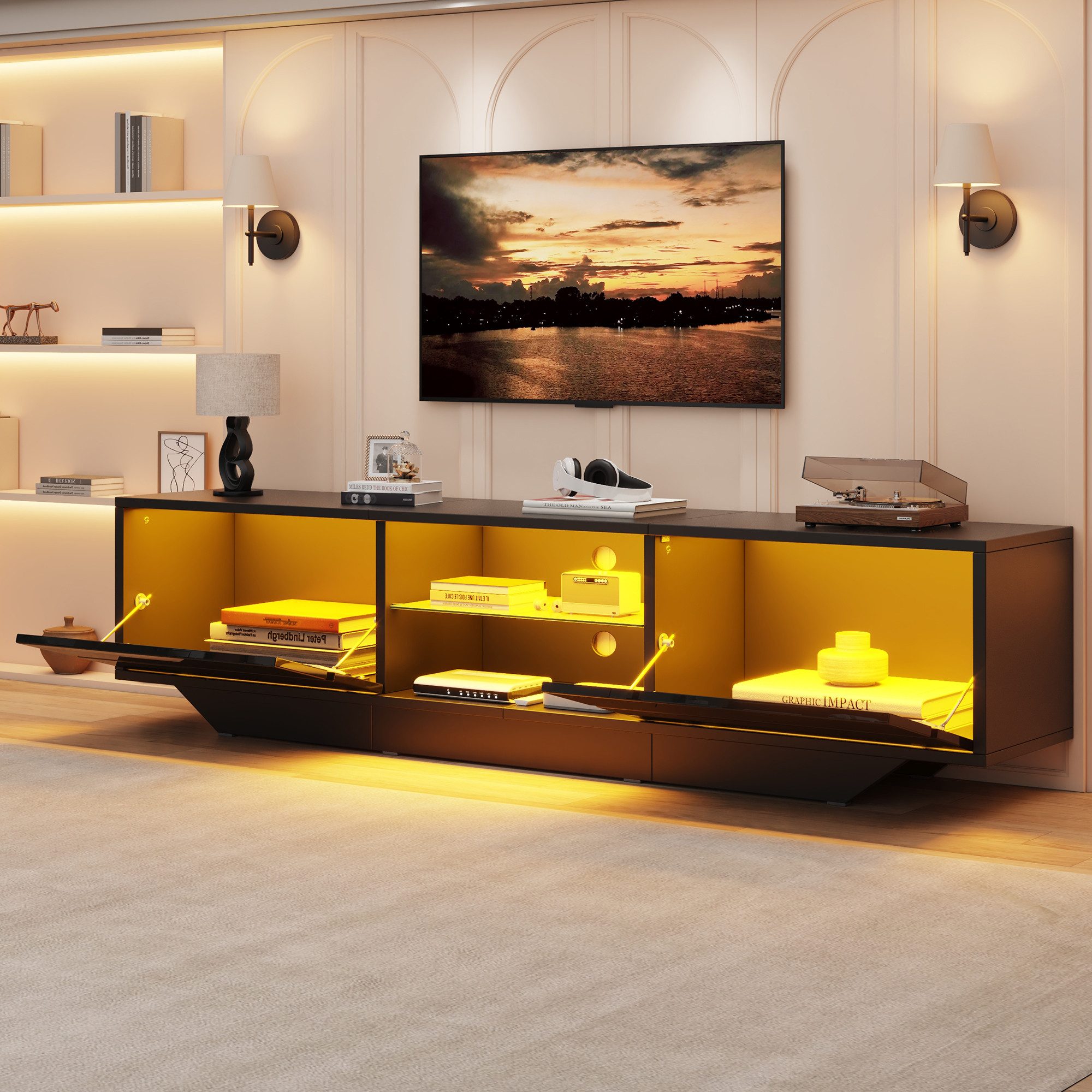 Merax Lowboard mit LED Beleuchtung & RGB App-Steuerung (Fernsehtisch 160 x 35 x 44,5 cm, 1 St), Hochglanz TV-Schrank mit 2 Klapptüren, Ablagefach & Stauraum
