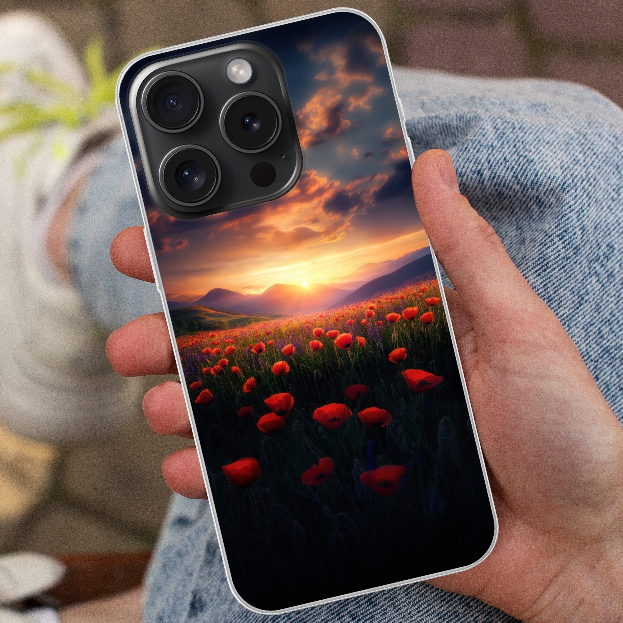 MuchoWow Handyhülle für Apple iPhone 15 Pro Landschaft - Sonnenuntergang - Blumenfeld, Smartphone-Bumper, Print, Handy Schutzhülle Dünn