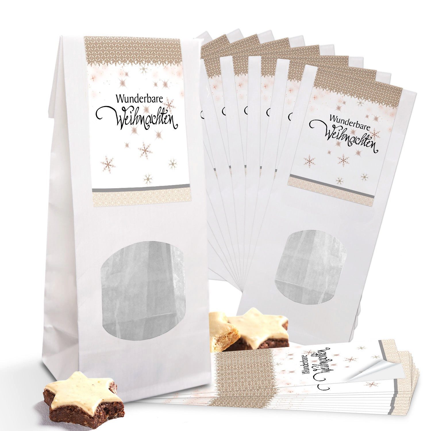 Logbuch-Verlag Dekofigur weiße Kekstüten mit Fenster und Weihnachtsaufkleber 50 Stück