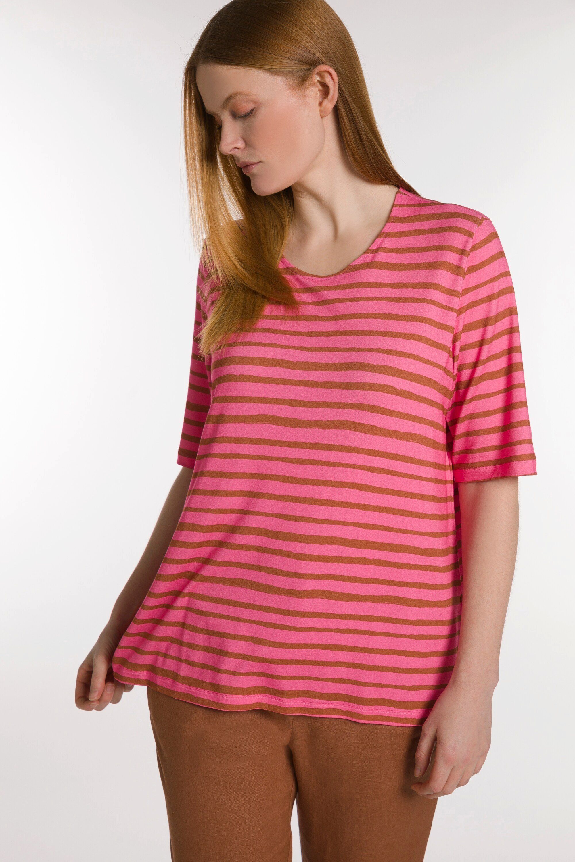 Ulla Popken Rundhalsshirt T-Shirt Streifen-Design Rundhals 3/4-Arm helles pink